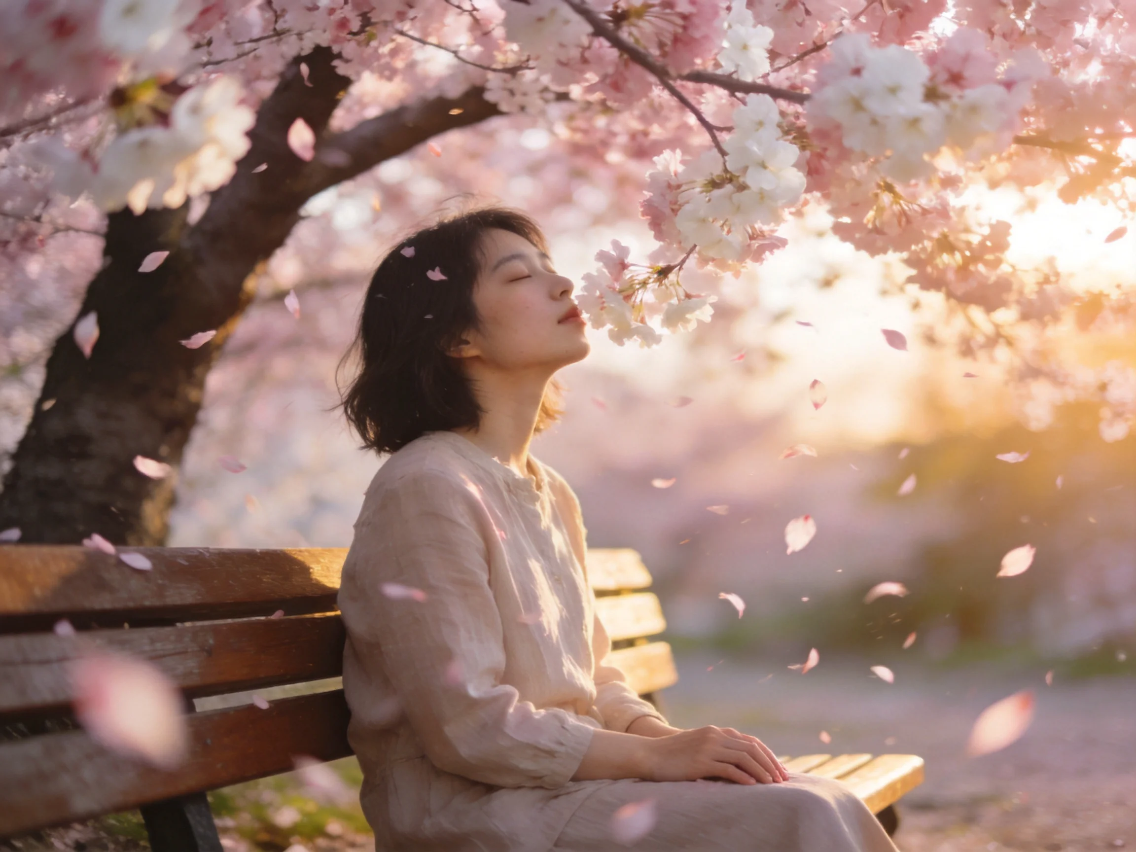 A woman sits on a wooden bench beneath blooming pink cherry blossom trees