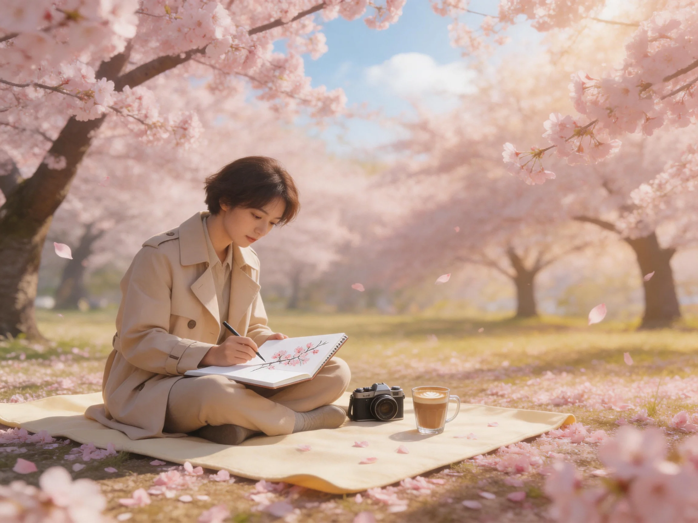A woman sketching cherry blossom trees in a pink petal - filled park