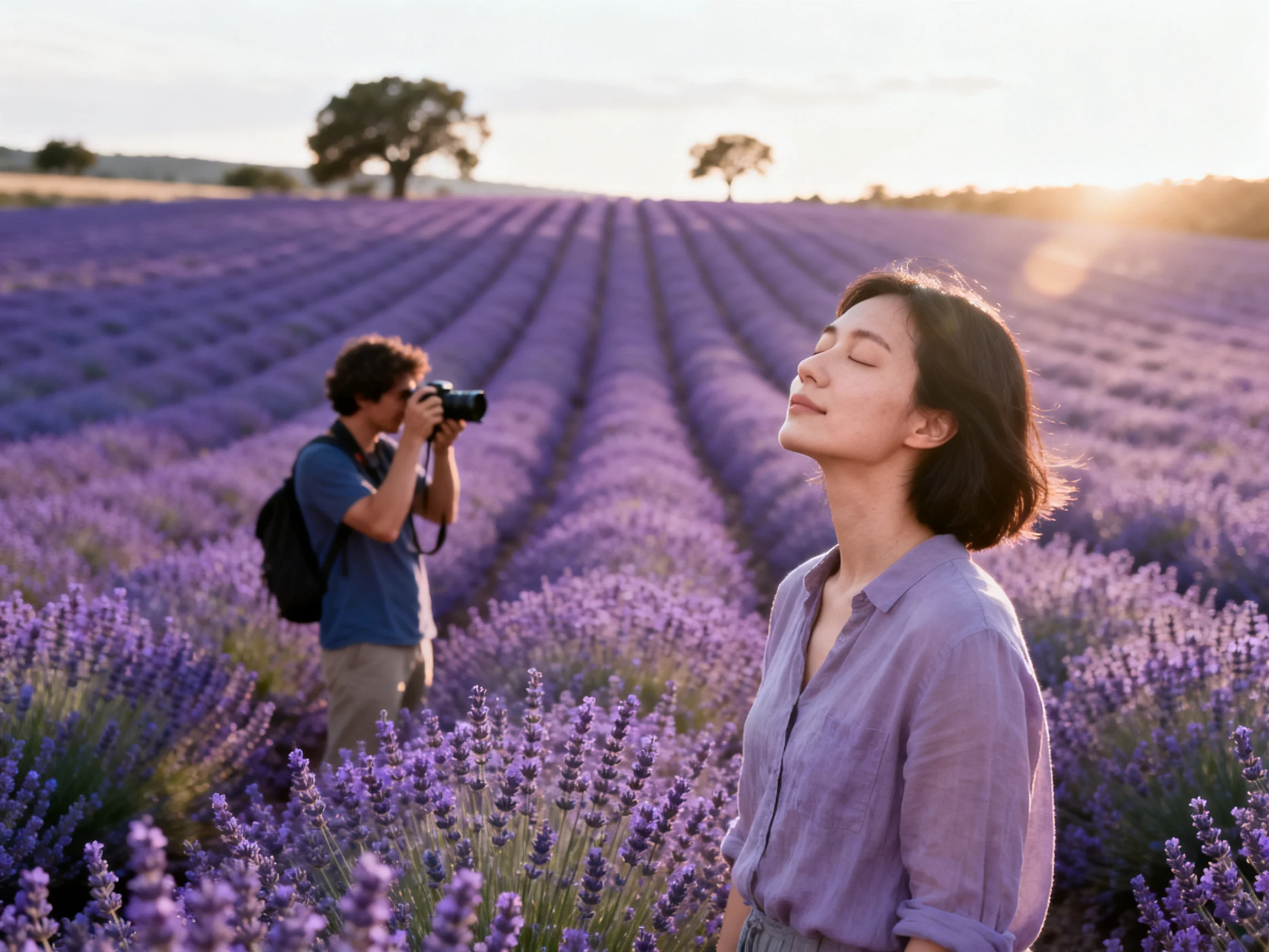 A woman stands amid a sprawling lavender field as a photographer photographs her