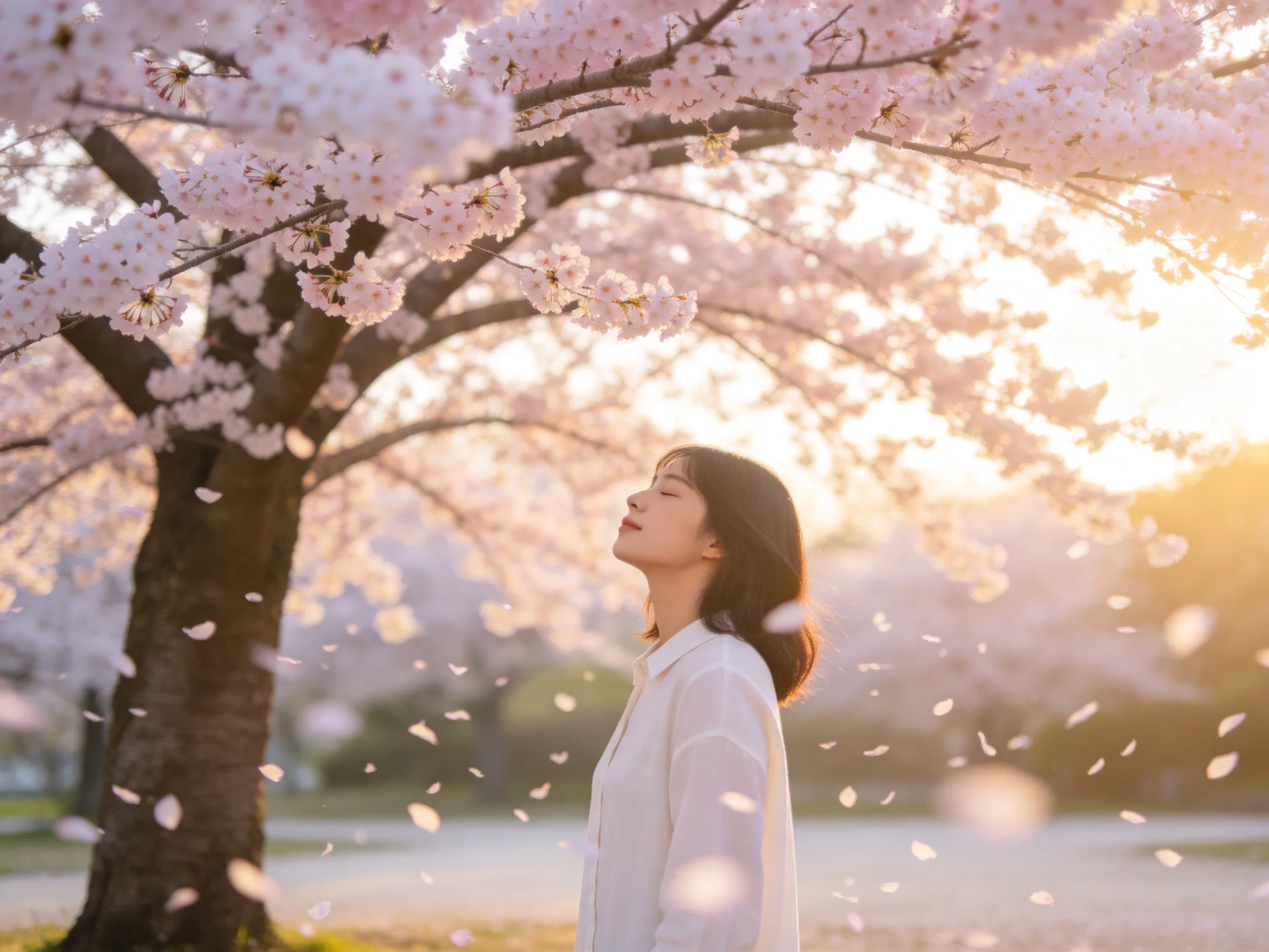 A woman stands beneath a blooming cherry blossom tree with falling petals