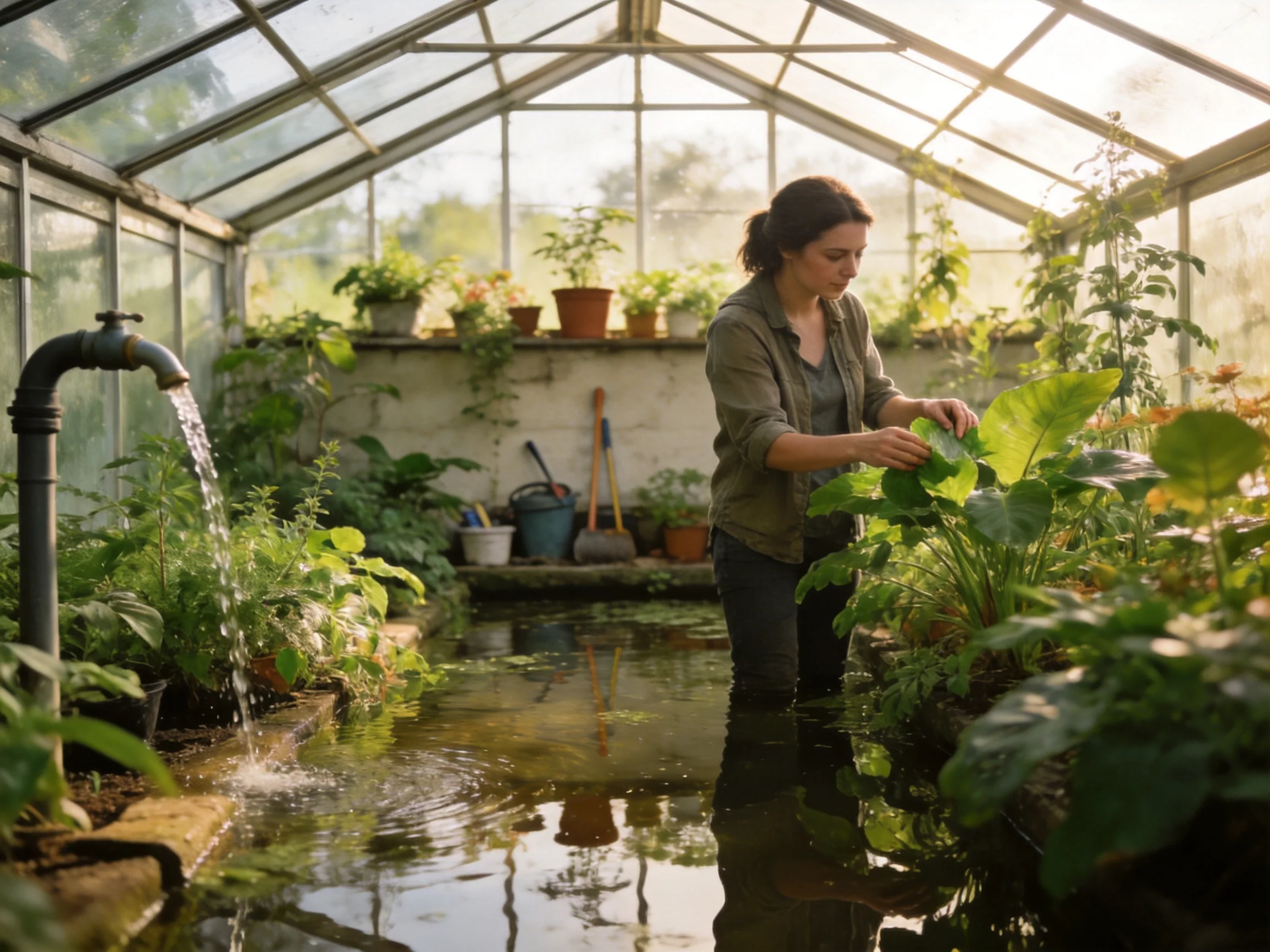 A woman tending aquatic plants in a sunlit greenhouse with running water
