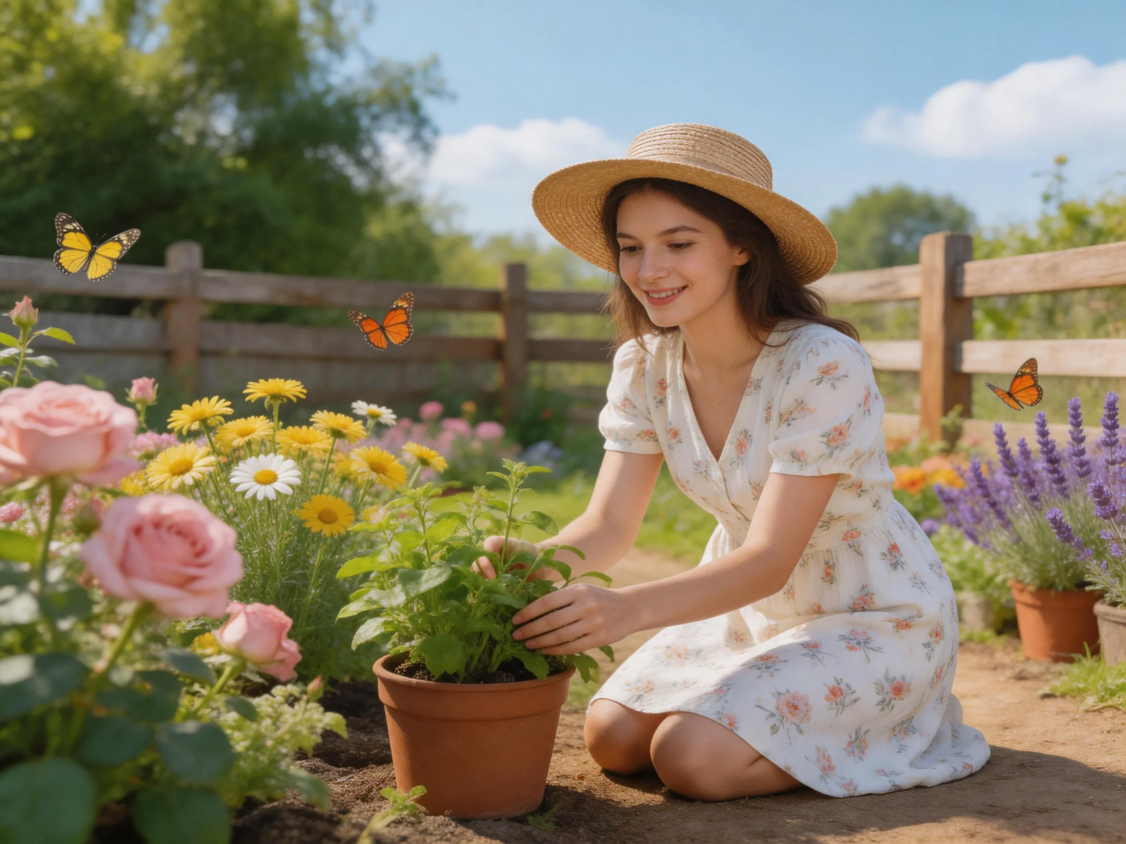 A woman tending potted plants amid colorful flowers and butterflies