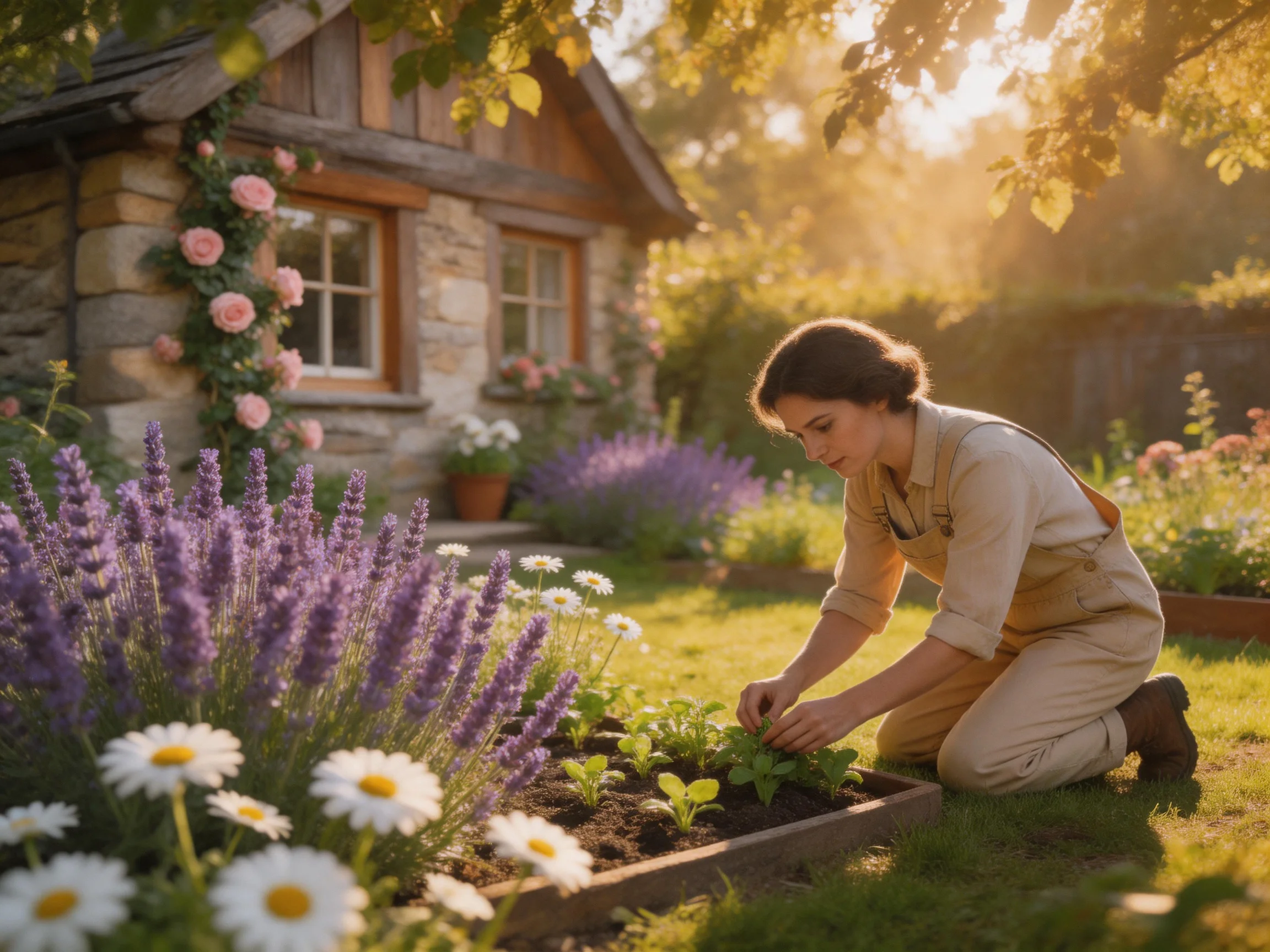 A woman tends a flower bed near a stone cottage with lavender and daisies
