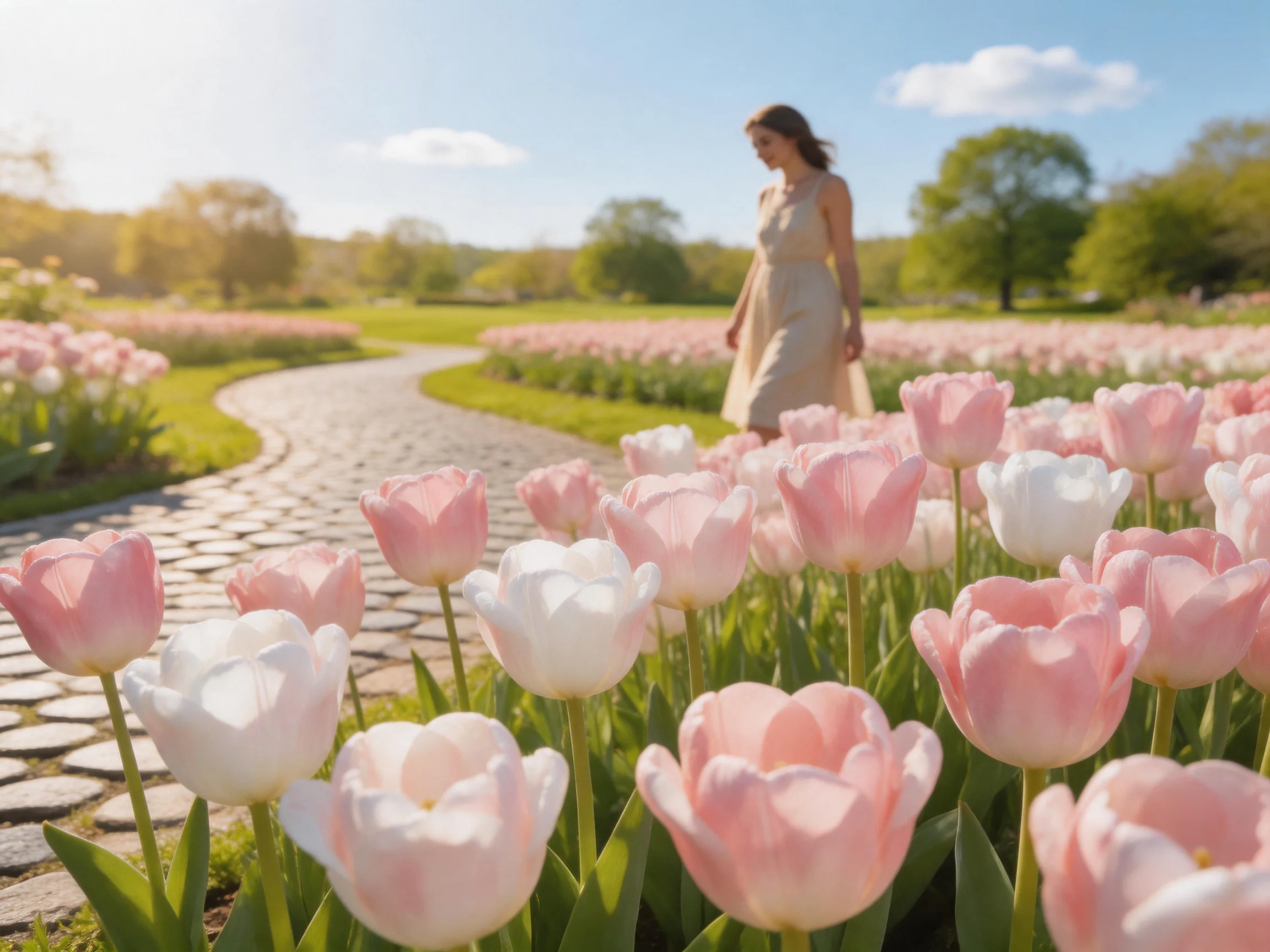 A woman walks among pink and white tulip fields near a stone path