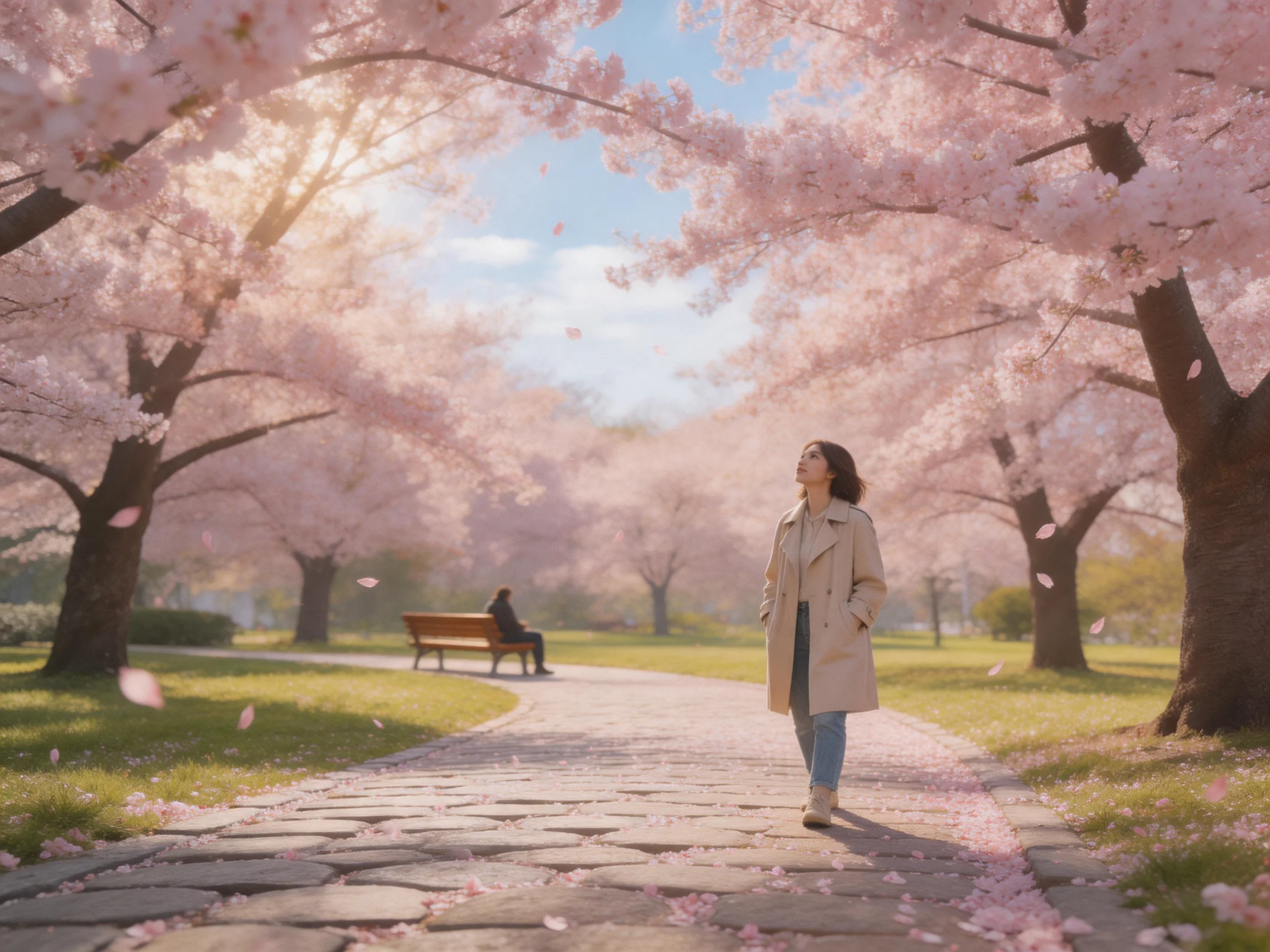 A woman walks beneath blooming pink cherry blossom trees in a sunlit park