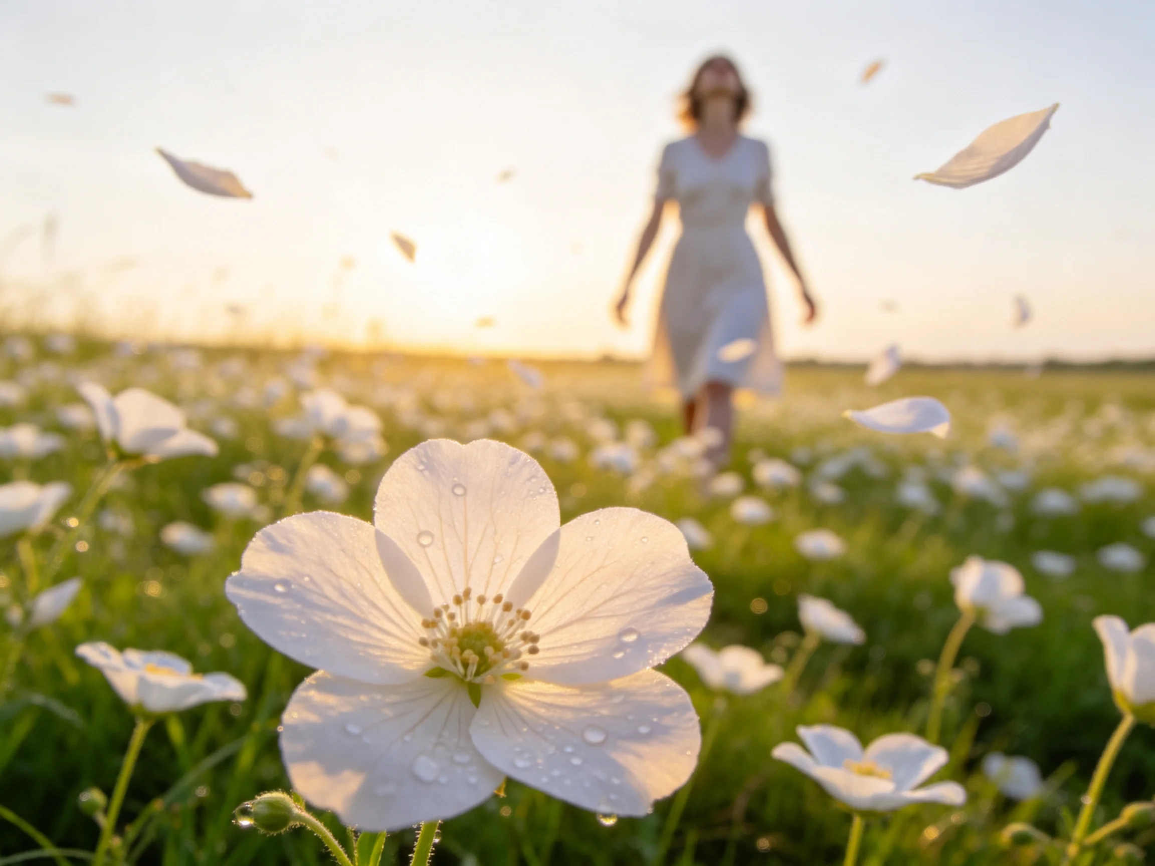 A woman walks through a field of white flowers at golden hour