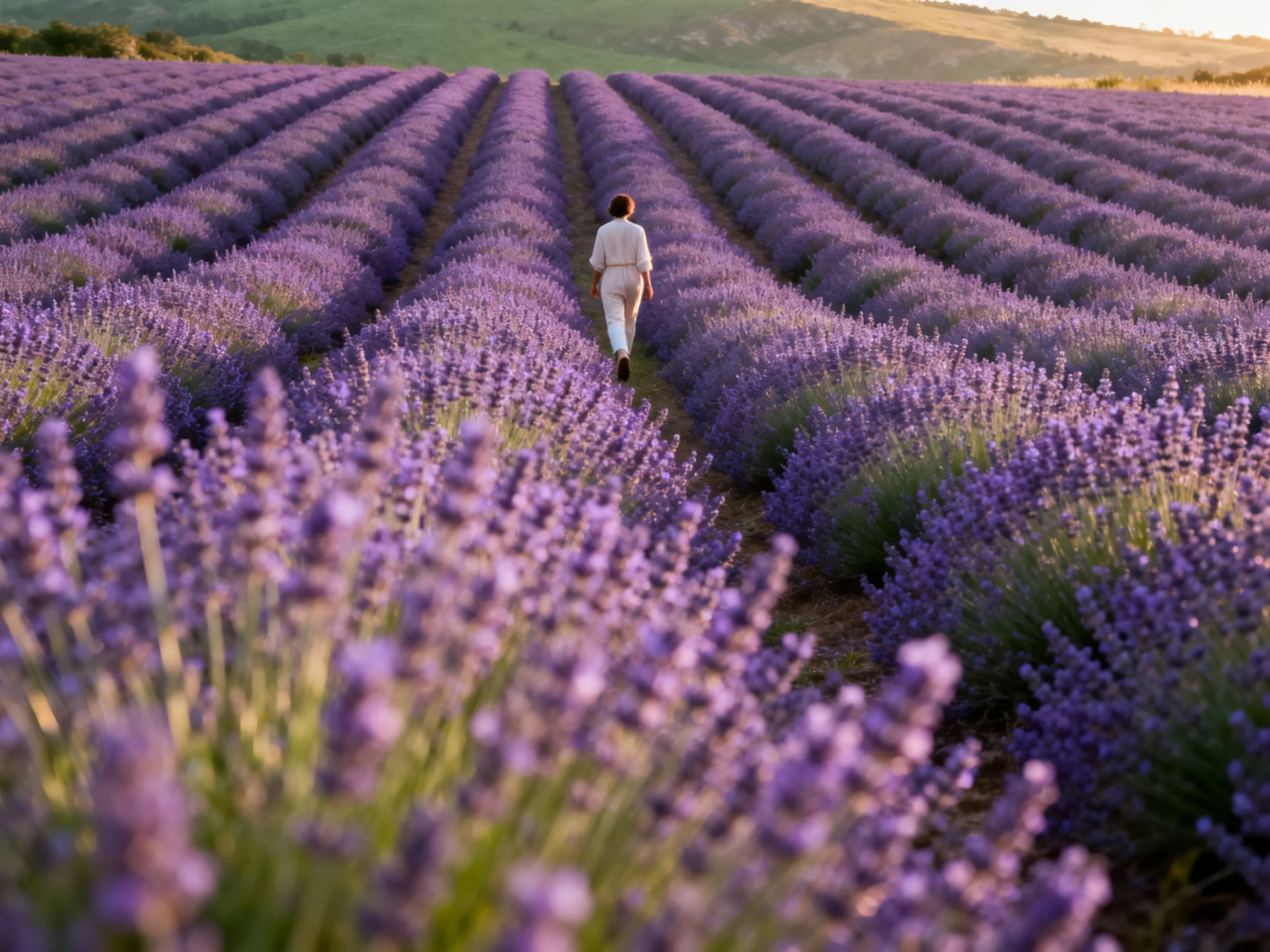 A woman walks through endless rows of vibrant purple lavender fields