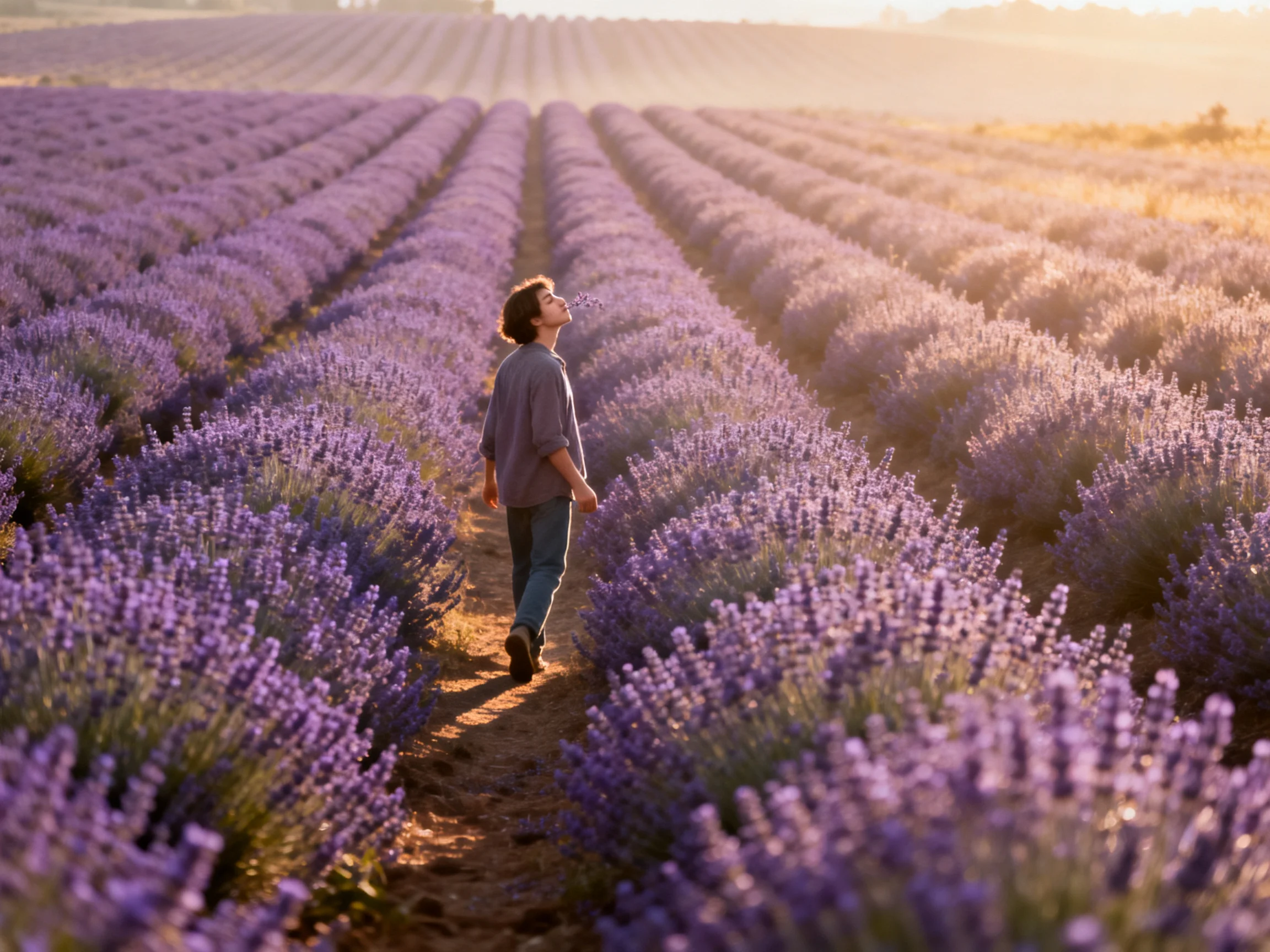 A woman walks through rows of vibrant purple lavender fields at golden hour