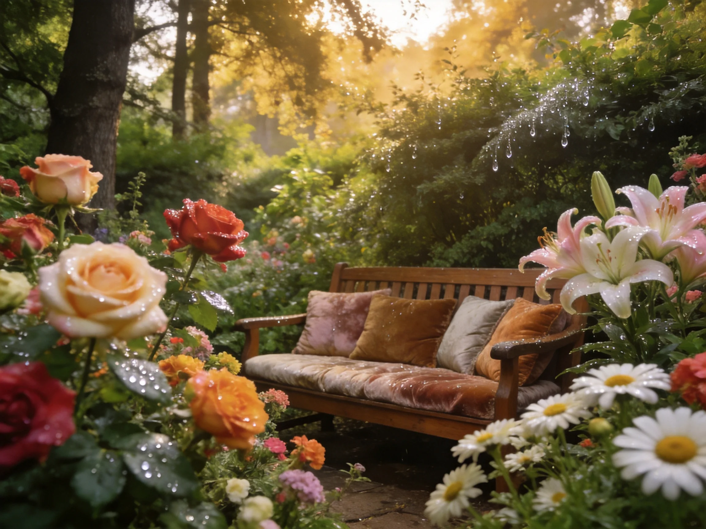 A wooden bench amid vibrant flowers in a sunlit garden