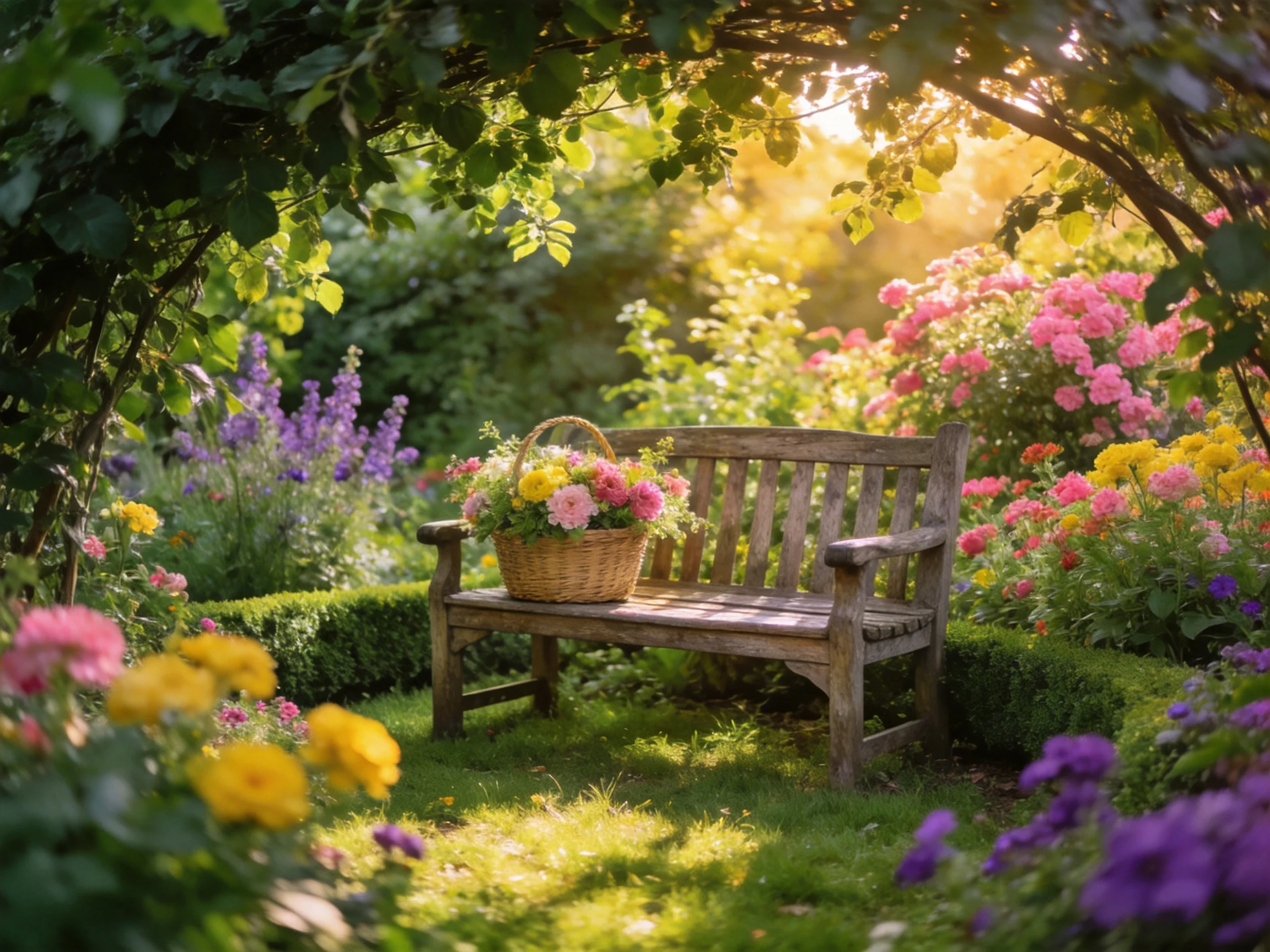 A wooden bench with vibrant flowers in a sun-drenched garden