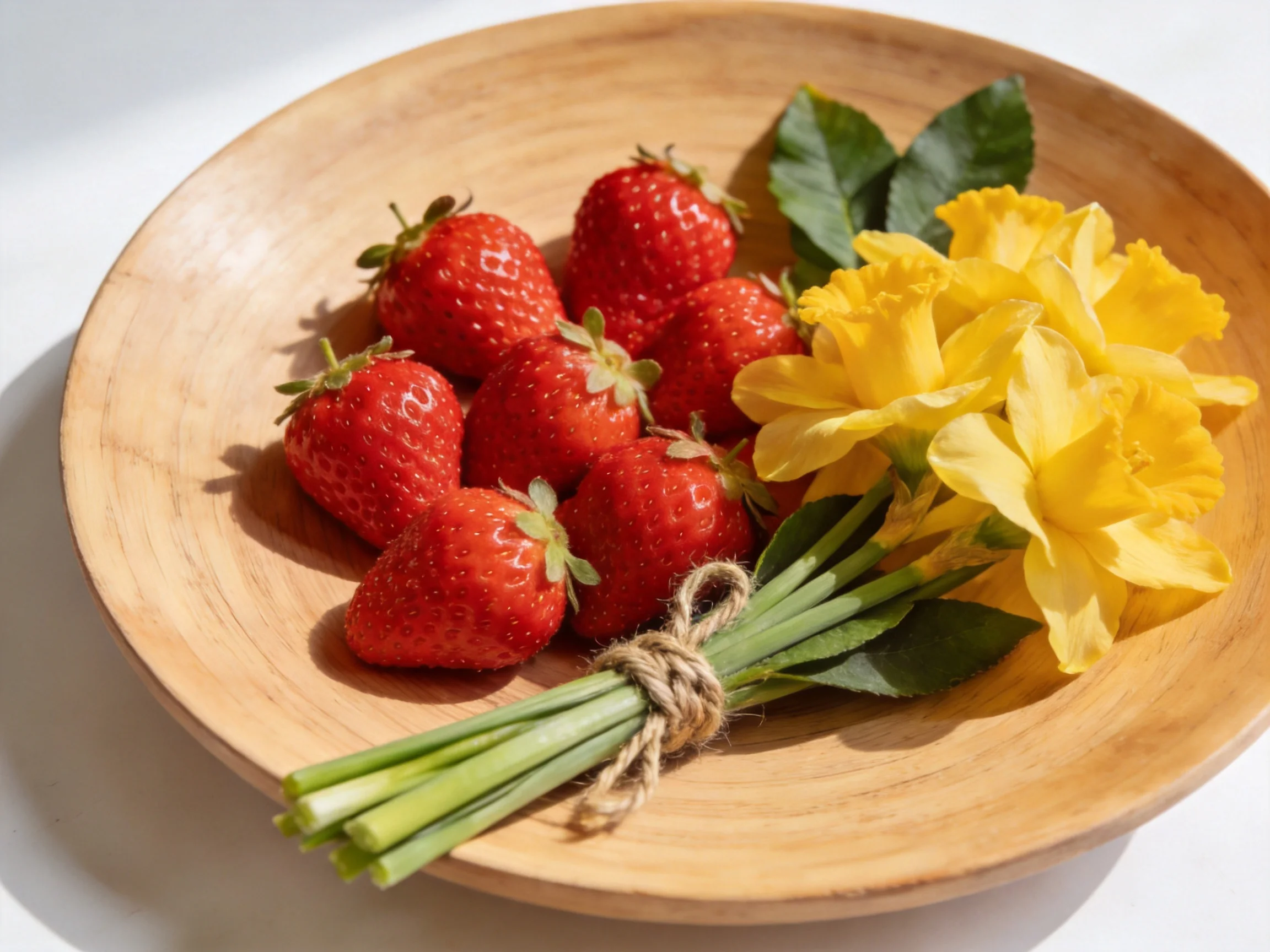 A wooden bowl holds fresh strawberries and vibrant yellow flowers