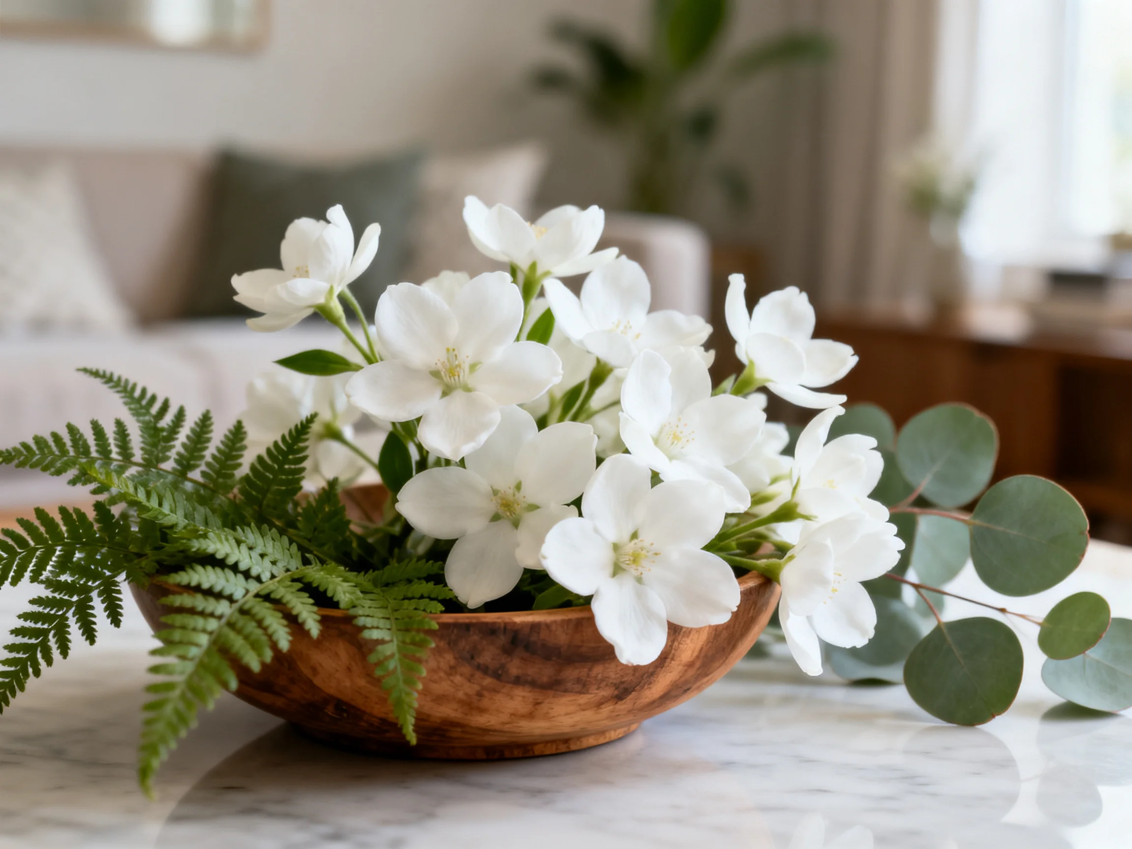 A wooden bowl holds white flowers, ferns, and eucalyptus on a marble table