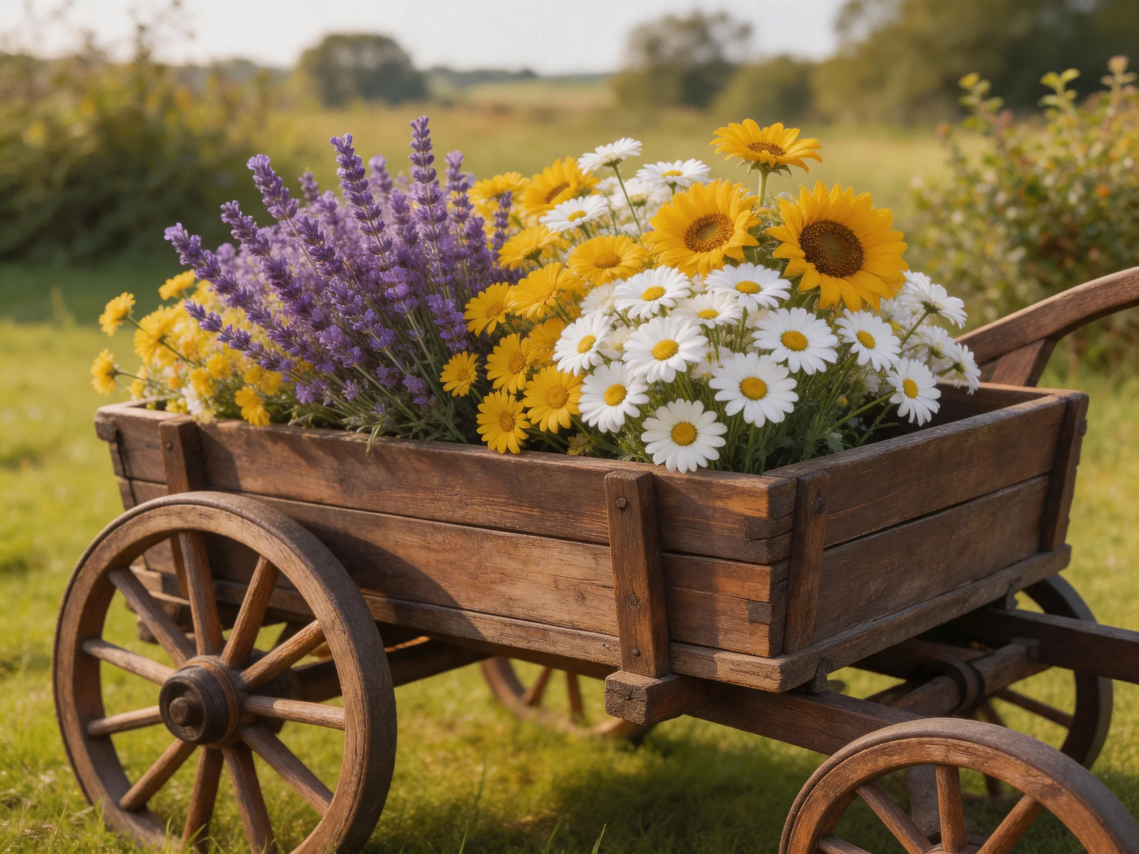 A wooden cart filled with diverse colorful flowers in a sunlit landscape