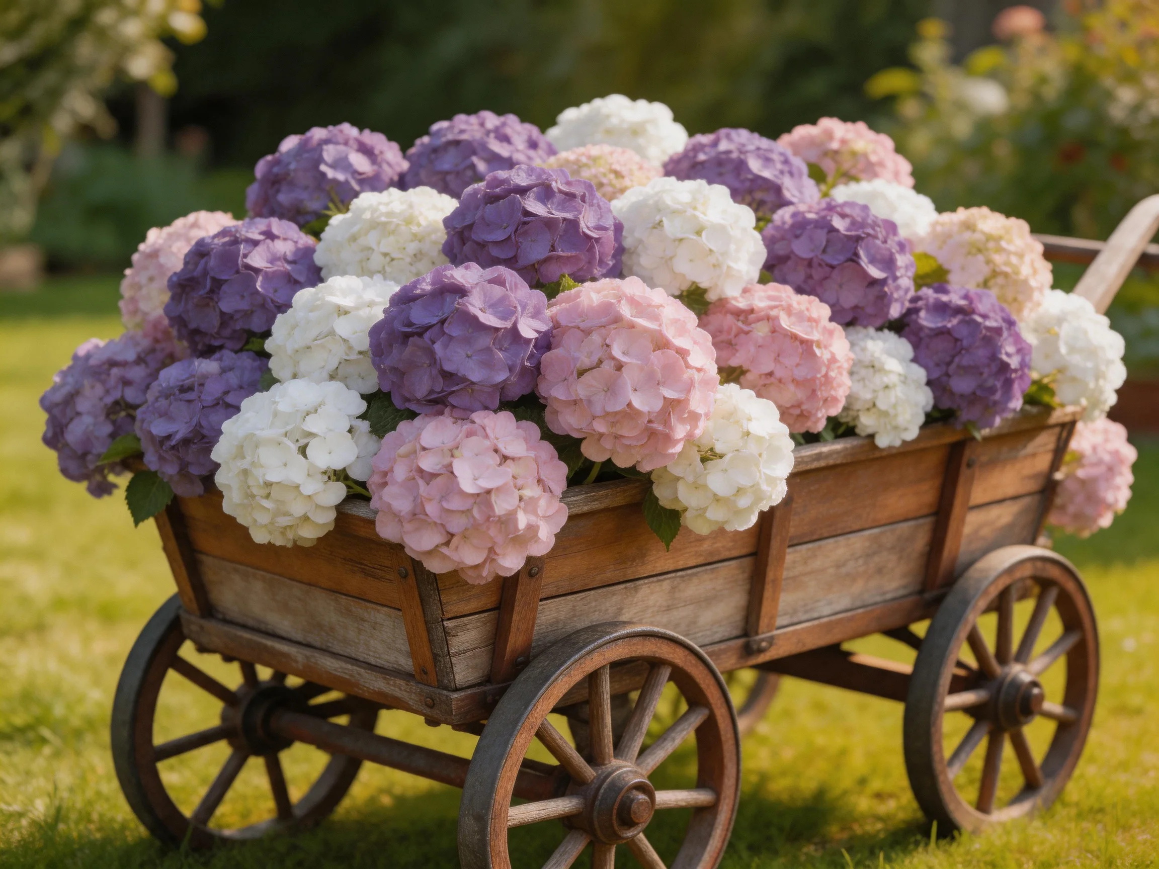 A wooden cart overflowing with colorful hydrangea blooms