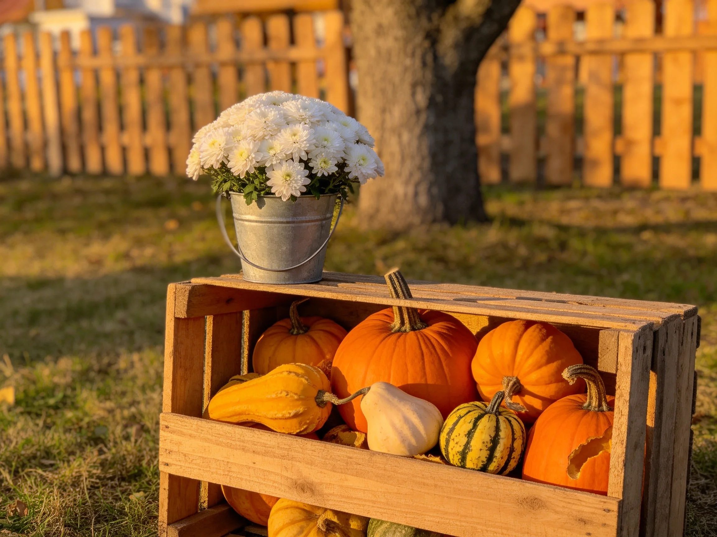 A wooden crate displays vibrant gourds, orange pumpkins, and white flowers