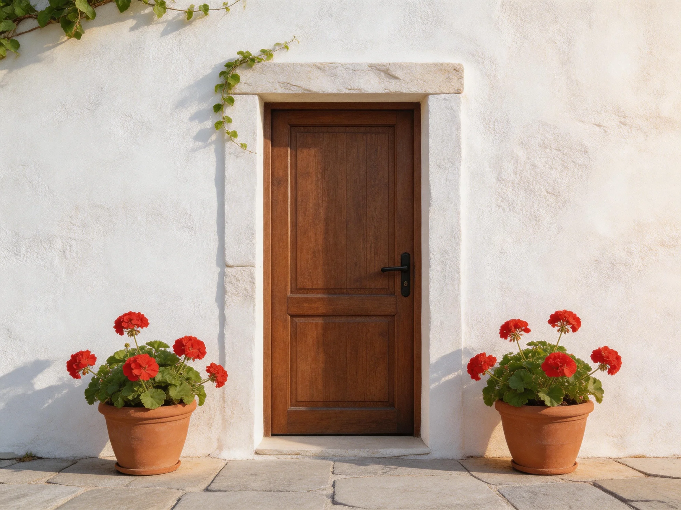 A wooden door with two terracotta pots of red flowers beside a white wall
