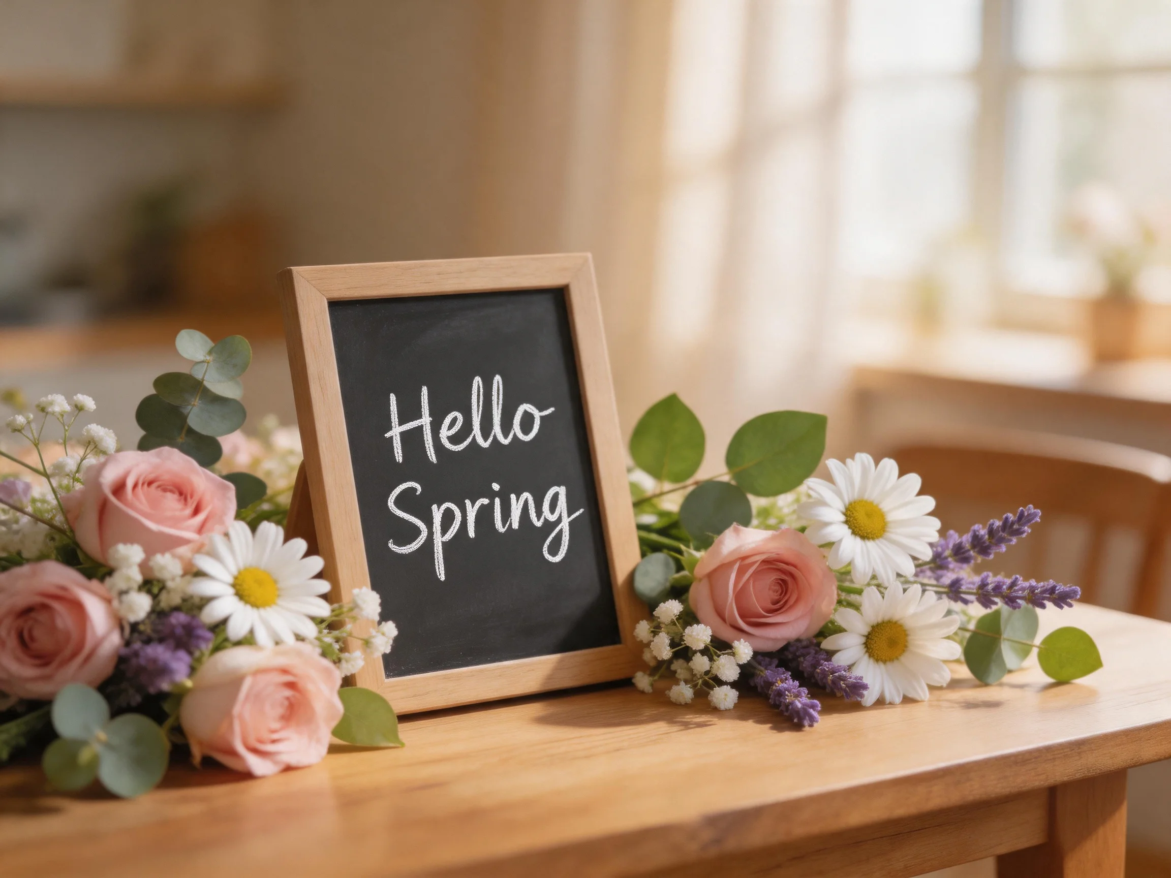 A wooden-framed chalkboard displays Hello Spring amid pastel roses and daisies