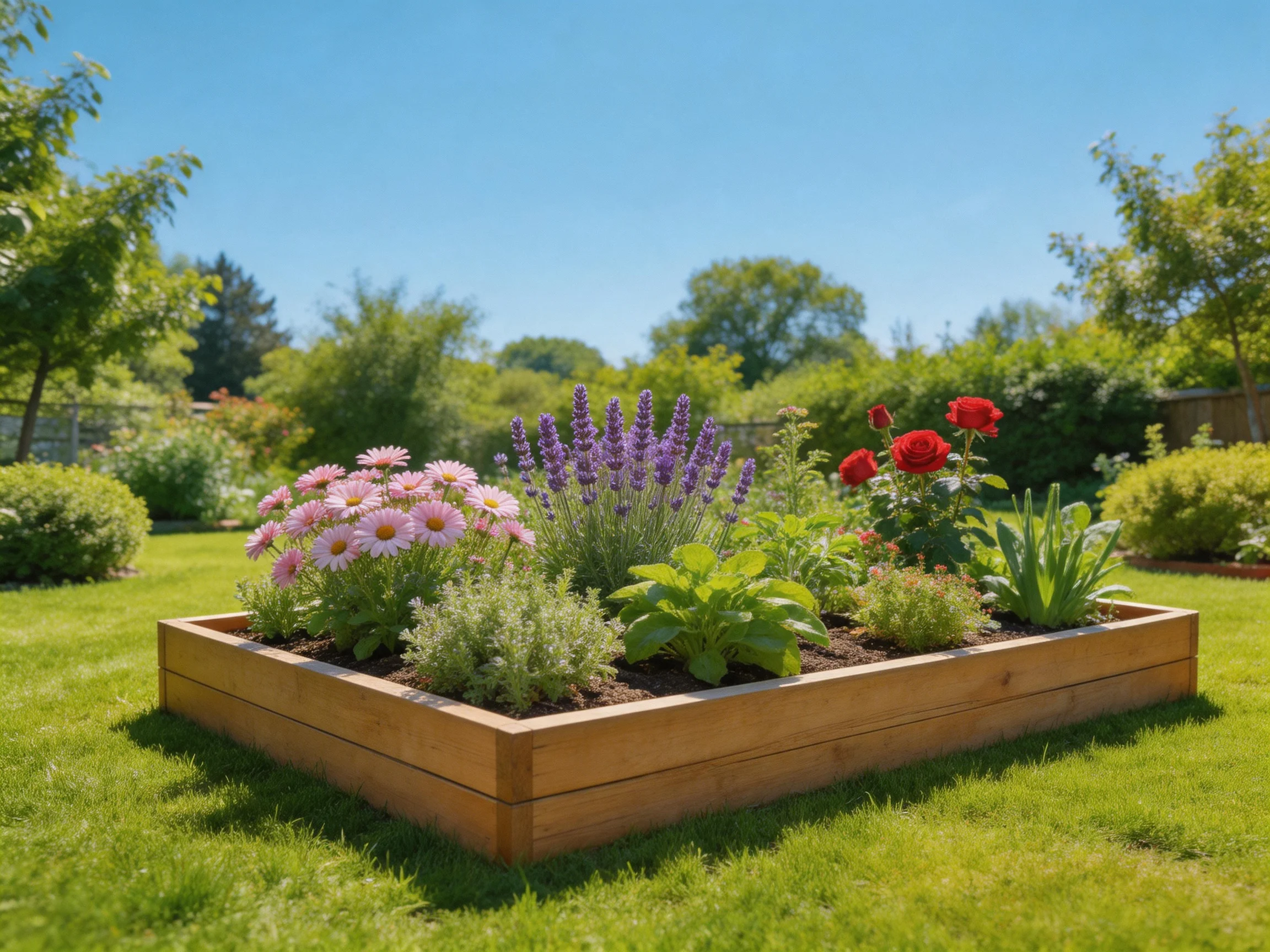 A wooden raised bed filled with colorful blooms in a sunny backyard