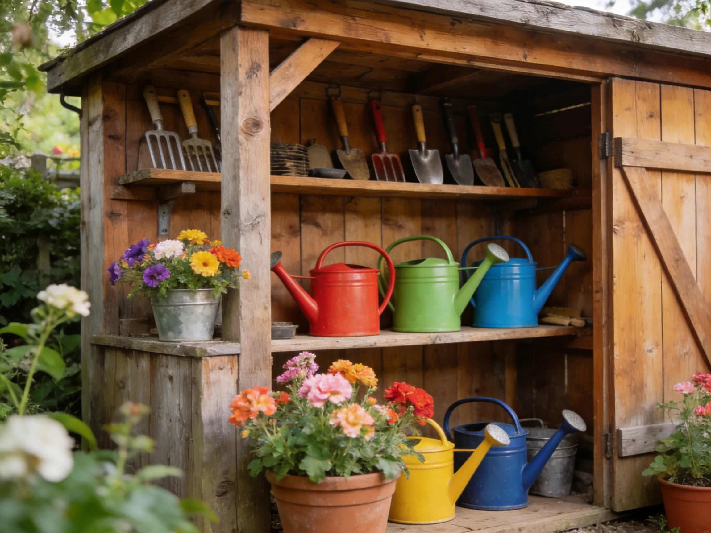 A wooden shed holds colorful watering cans and blooming flowers