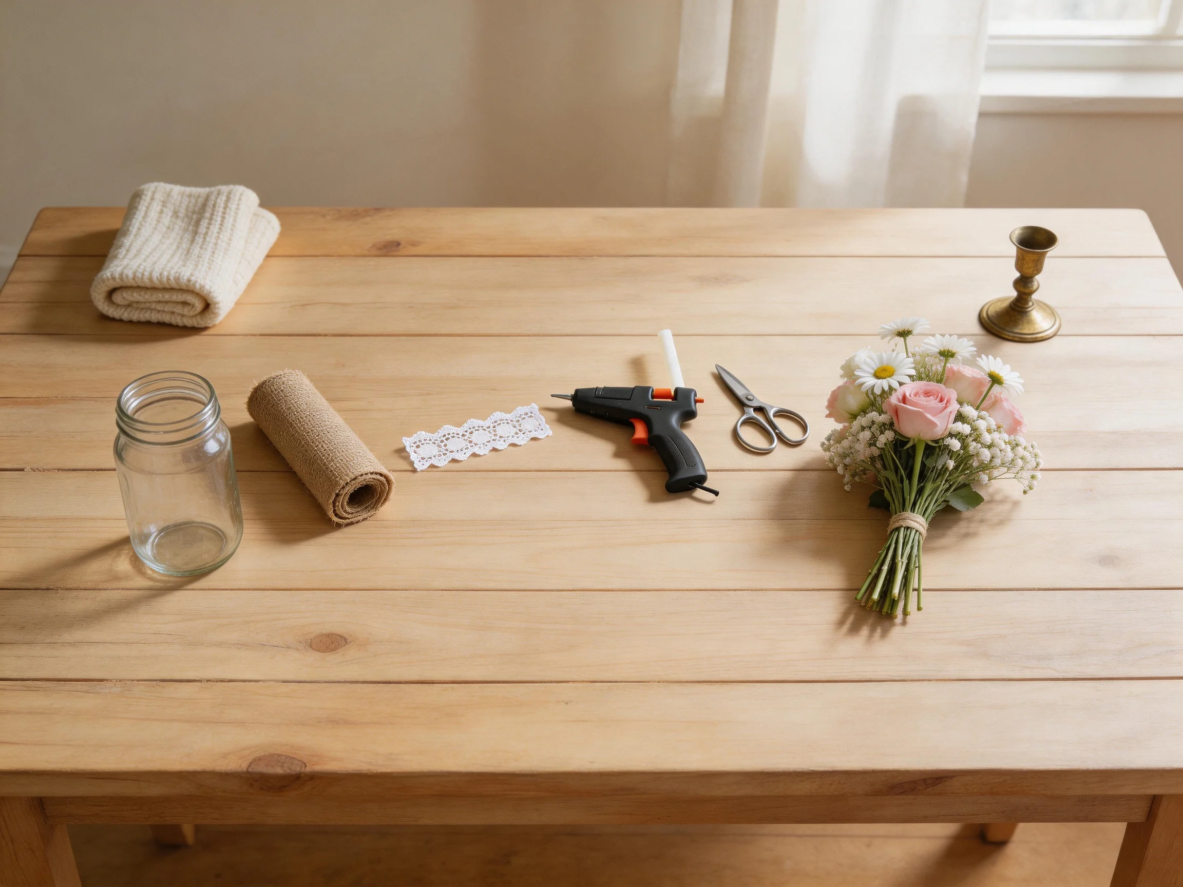 A wooden table displays crafting supplies including a glass jar, burlap roll, lace trim, hot glue gun