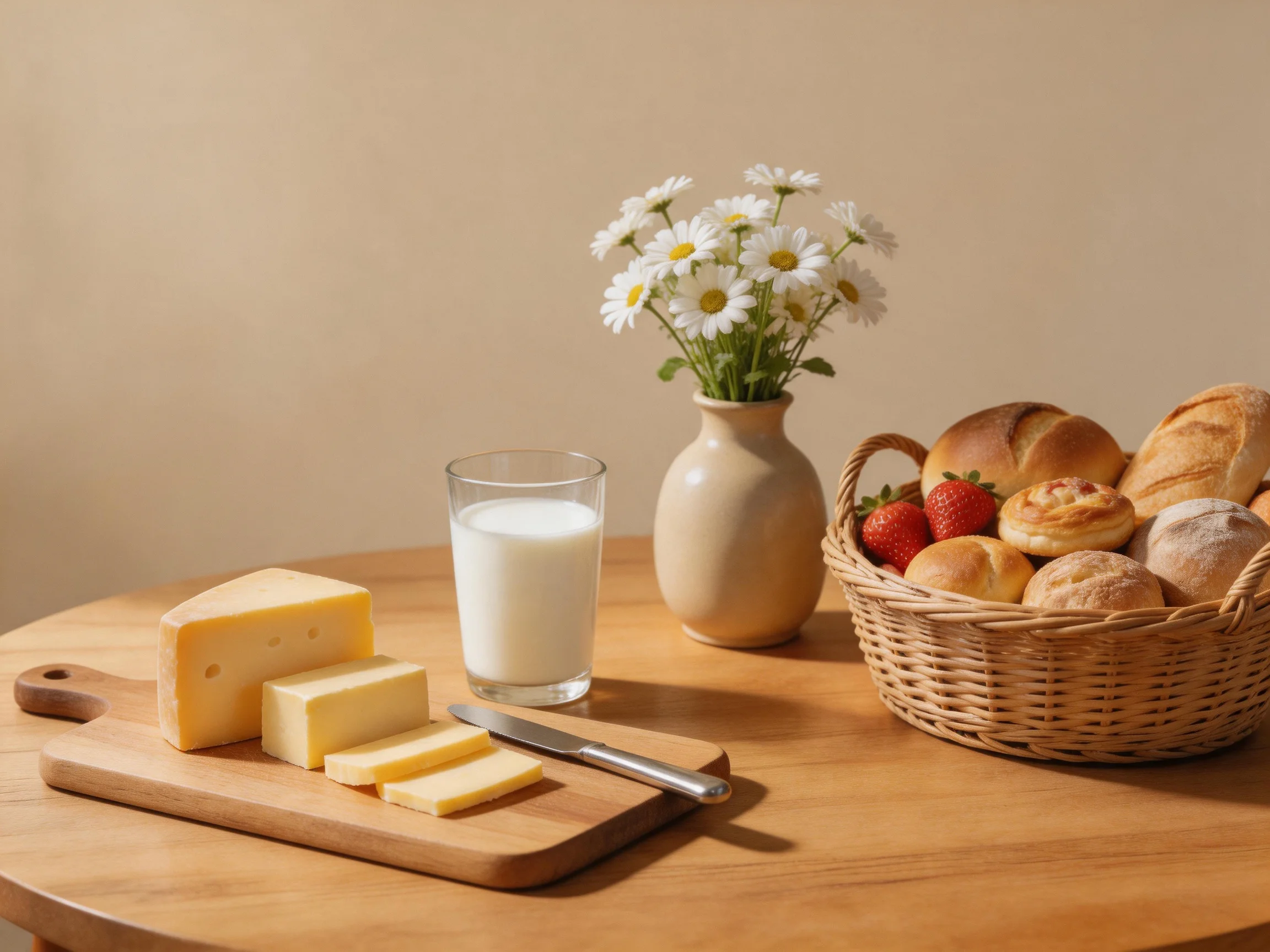 A wooden table shows cheese, milk, daisies, and assorted baked goods.