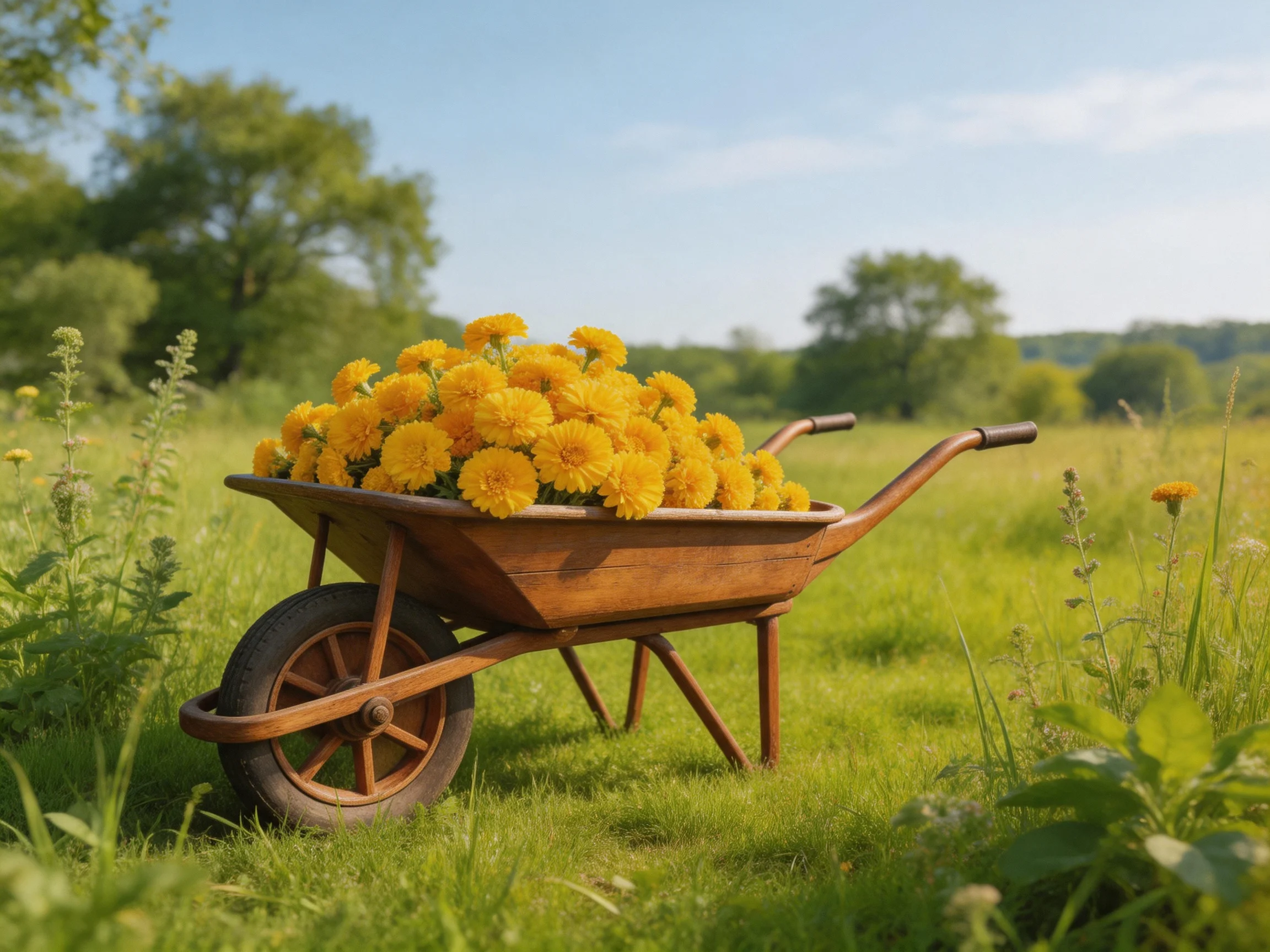 A wooden wheelbarrow overflowing with bright yellow flowers in a lush meadow