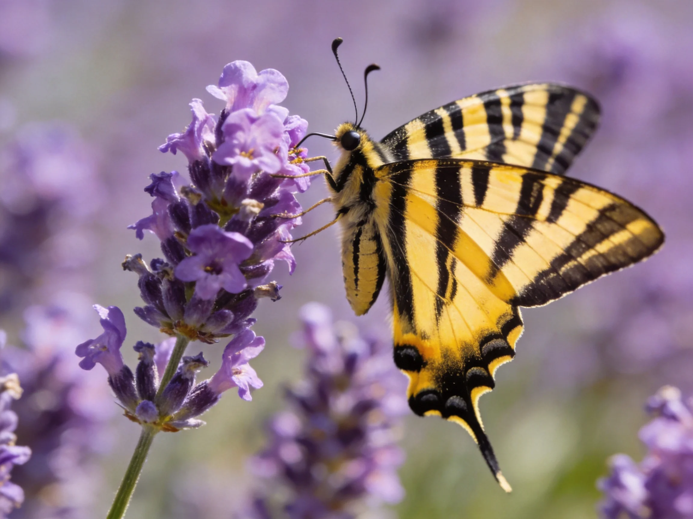 A yellow and black striped butterfly perched on vibrant purple lavender blooms