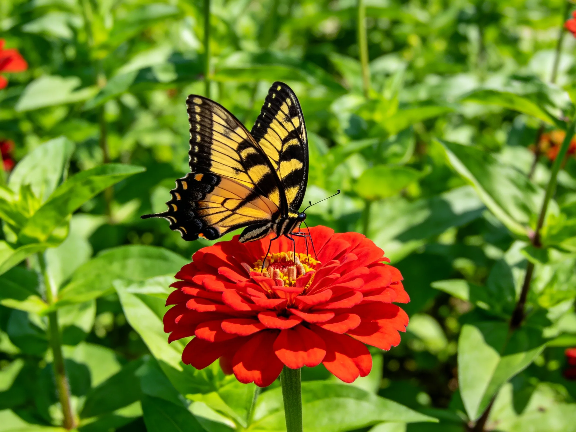 A yellow and black swallowtail butterfly on a vibrant red zinnia