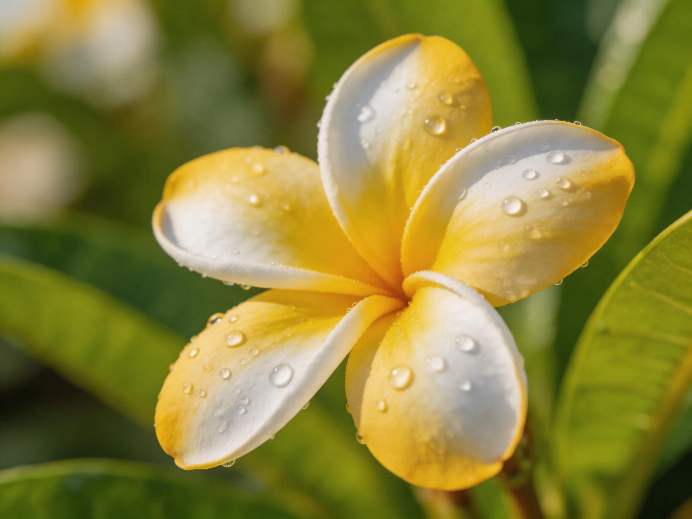A yellow and white frangipani flower with dewdrops and green foliage