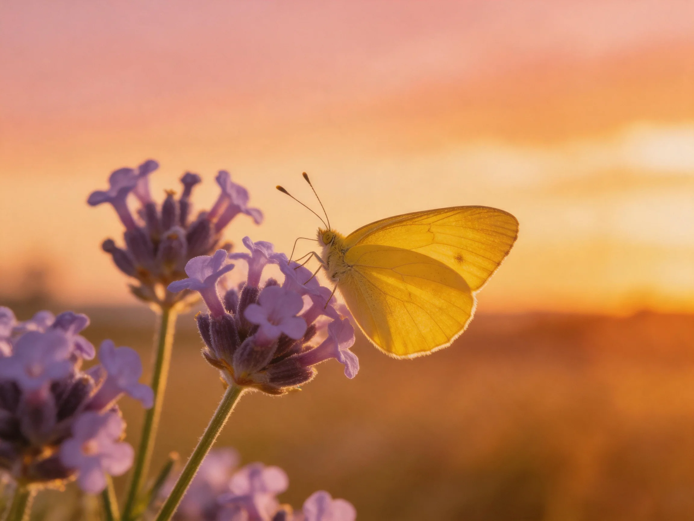 A yellow butterfly perched on purple lavender blooms at sunset