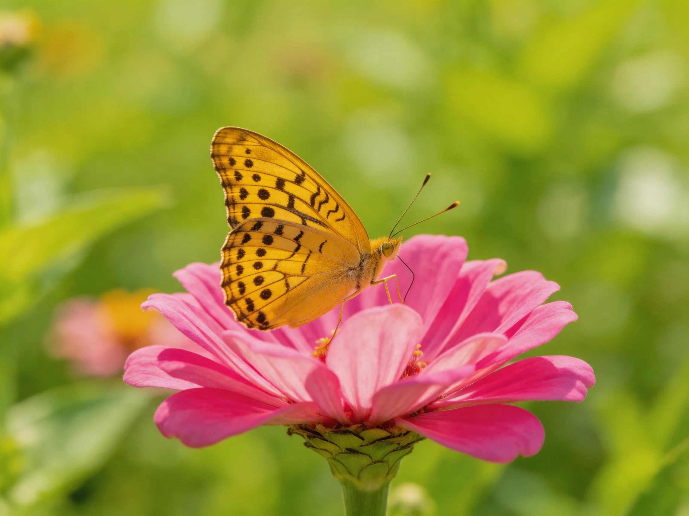 A yellow butterfly perches on a bright pink flower amid greenery