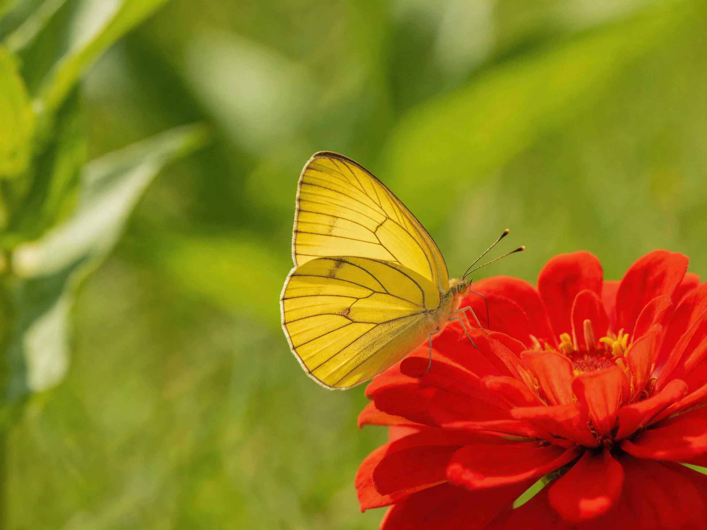 A yellow butterfly rests on a vibrant red zinnia