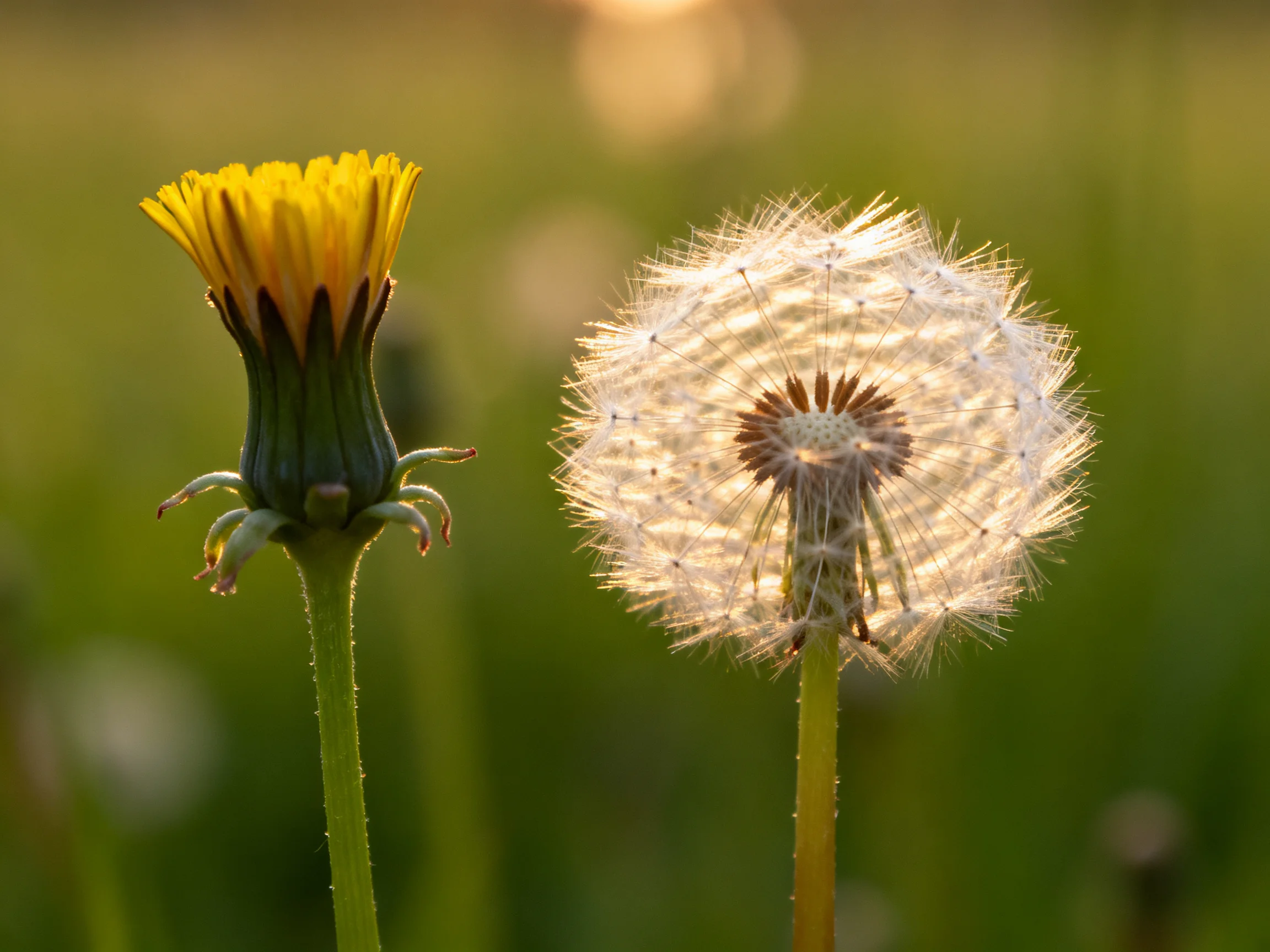A yellow dandelion bud alongside a white dandelion seed head in soft sunlight