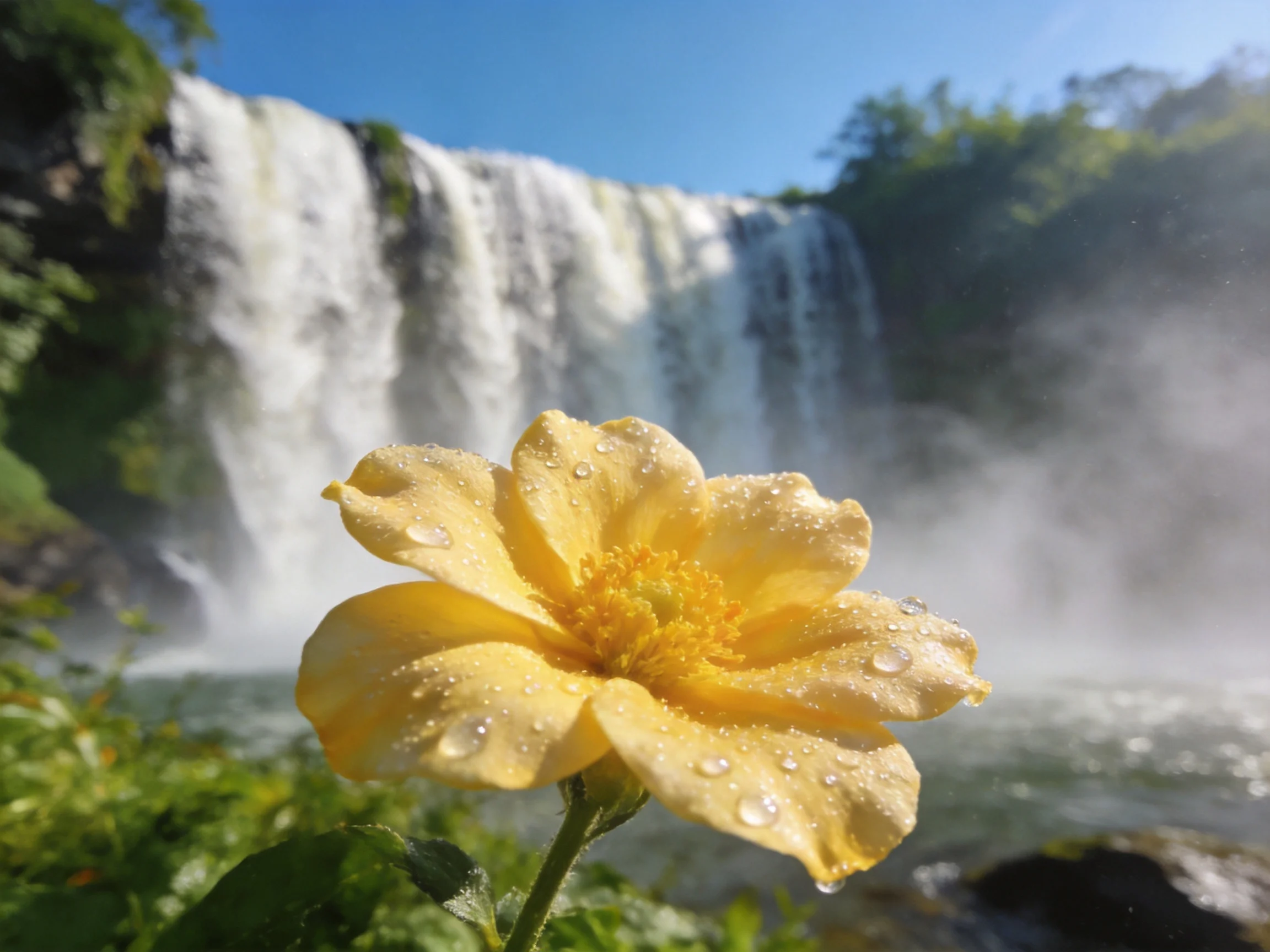 A yellow flower with water droplets beside a large waterfall