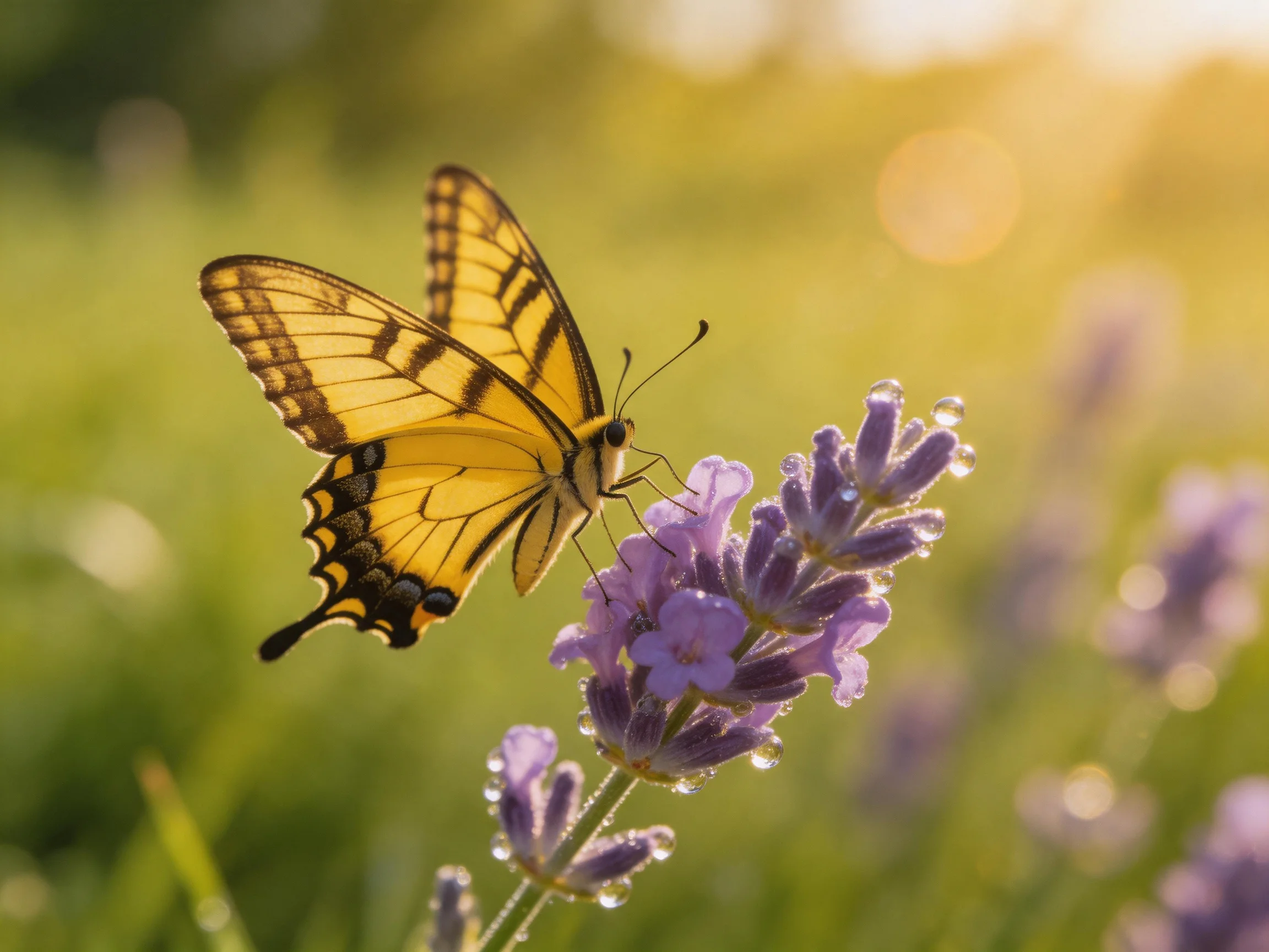 A yellow swallowtail butterfly perched on dewy purple lavender blooms