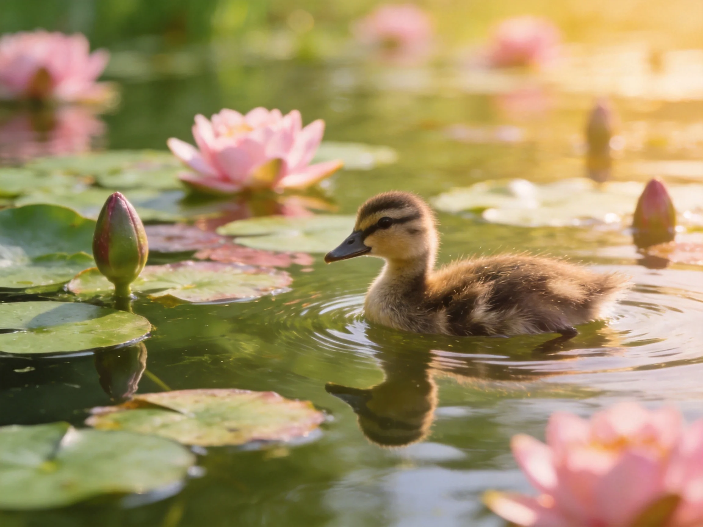 A young brown duckling swims among pink water lilies and green lily pads