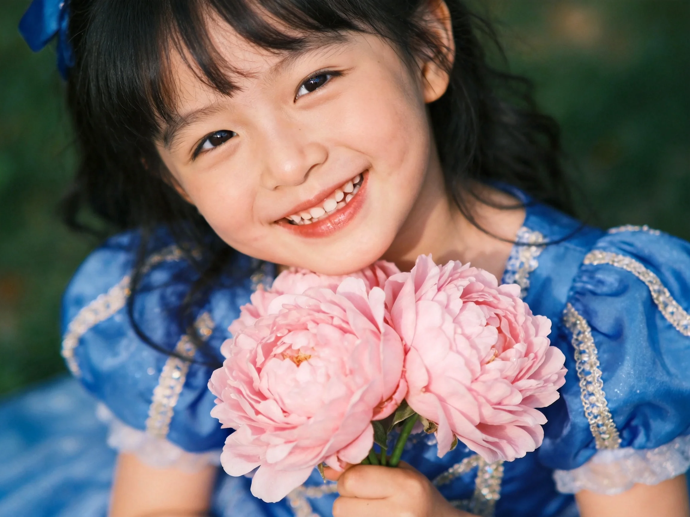 A young girl in a blue dress holds pink peonies outdoors