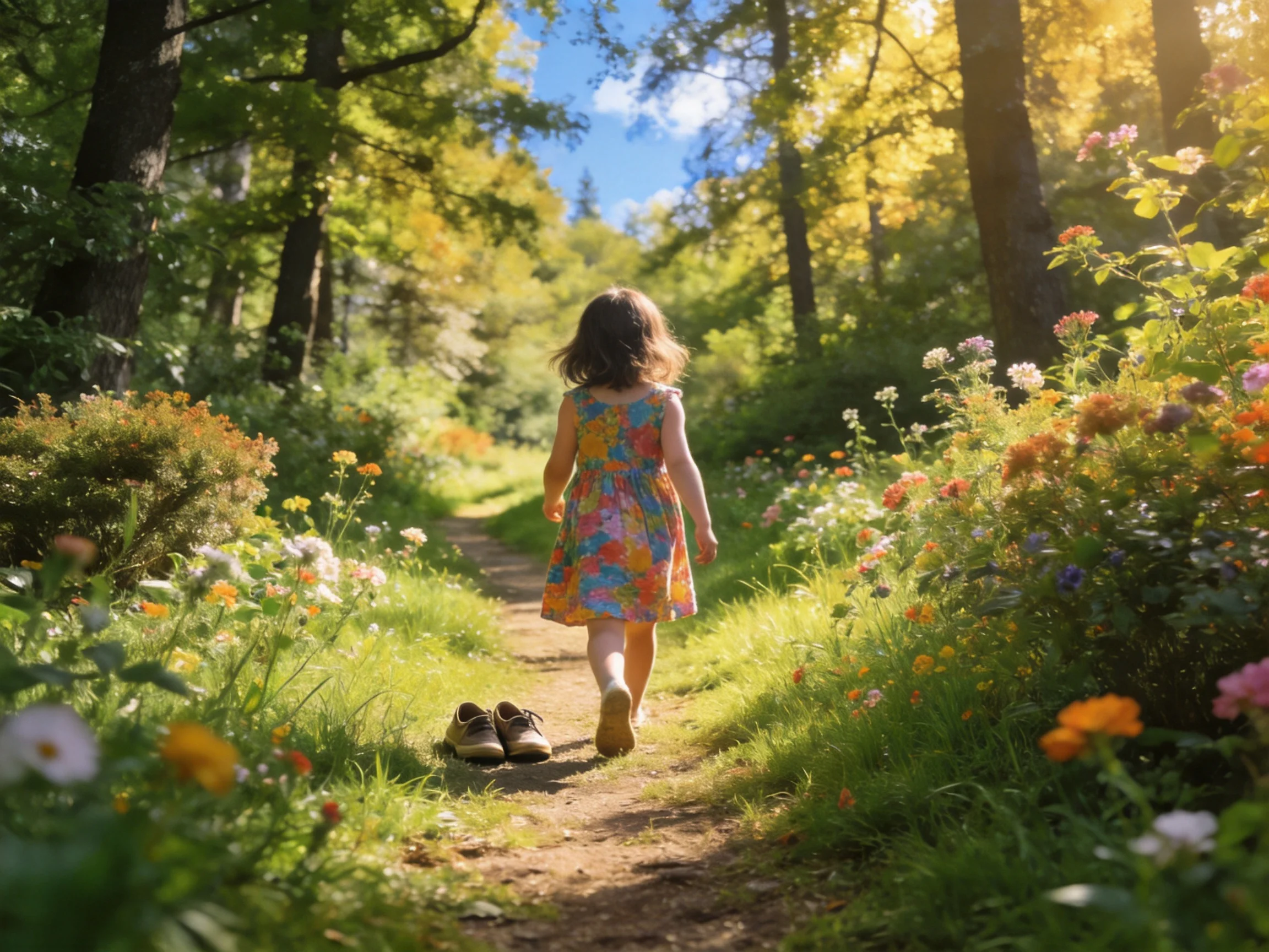 A young girl in a floral dress walks barefoot along a flower-filled forest path
