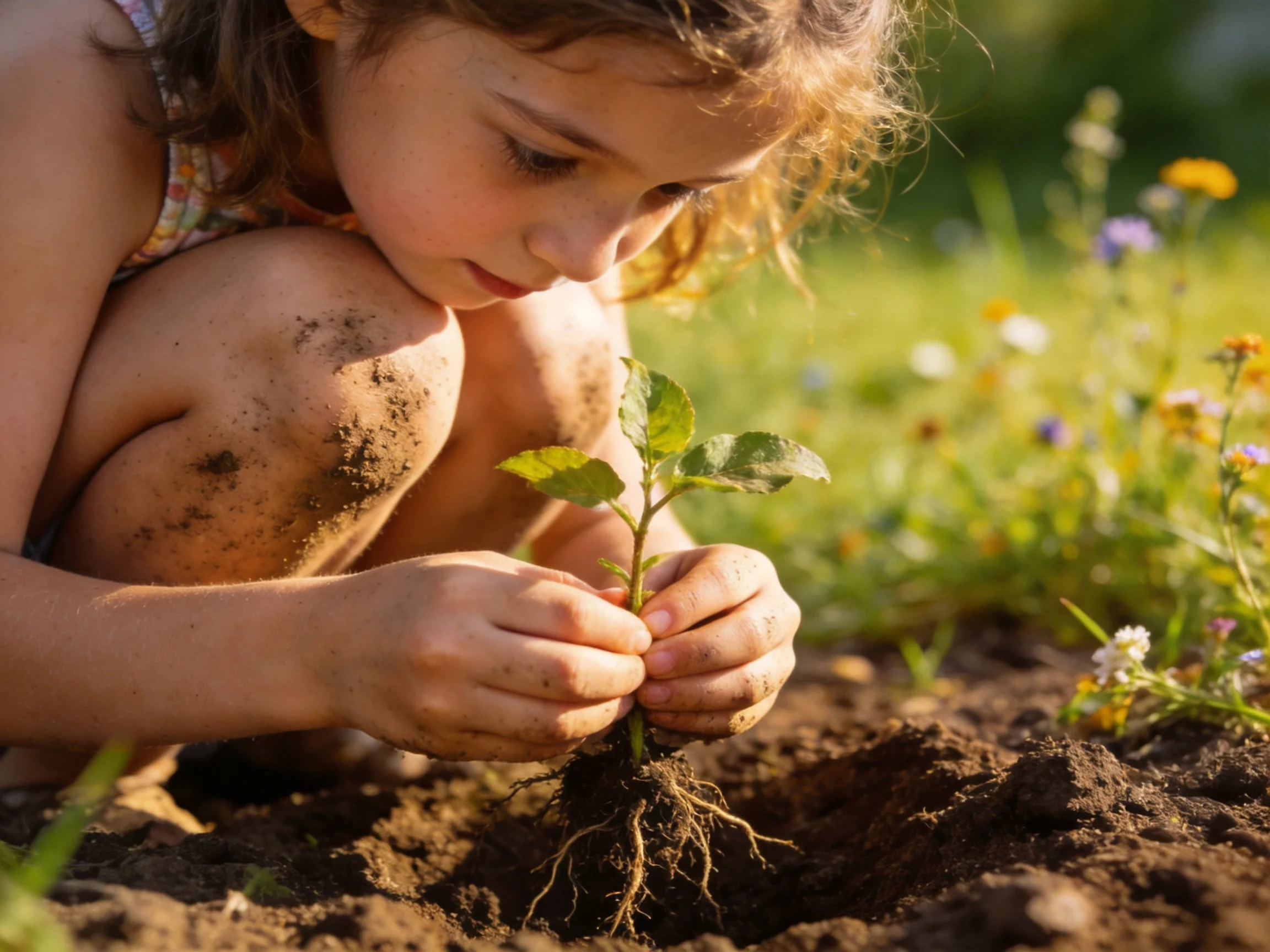 A young girl plants a small green seedling in sunlit soil among wildflowers