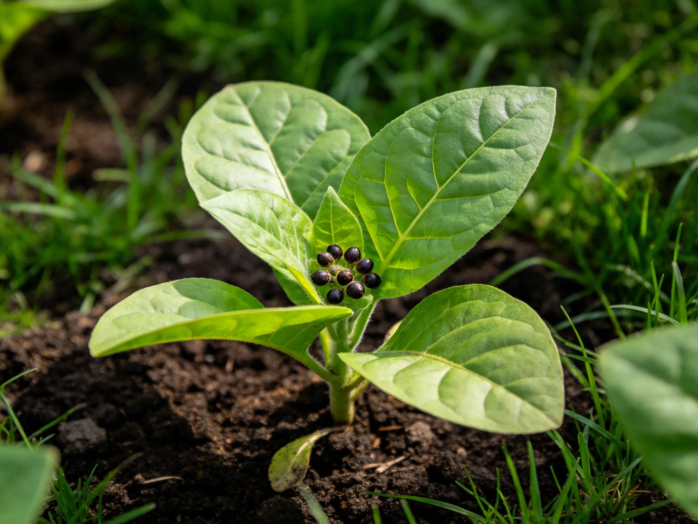 A young plant with glossy green leaves and dark berries in fertile soil