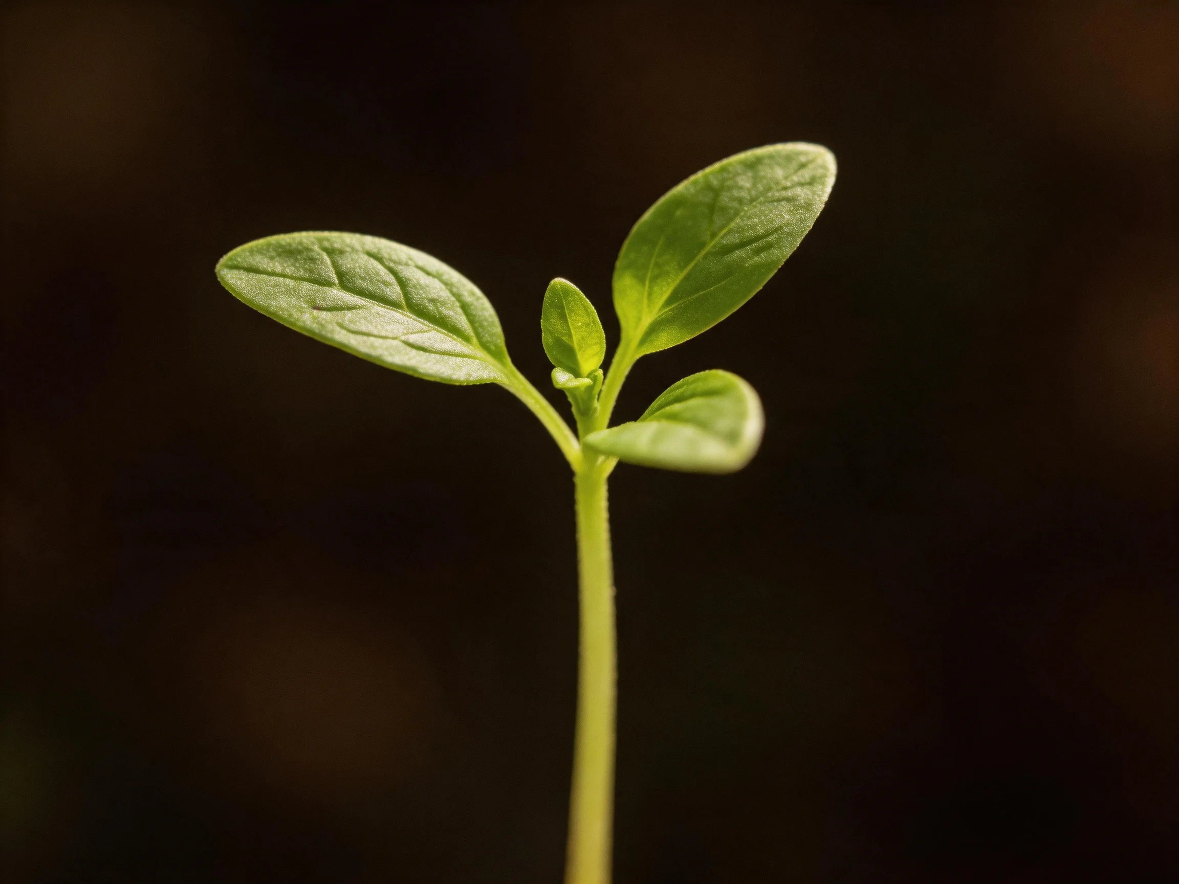 A young plant with vibrant green leaves against a dark backdrop