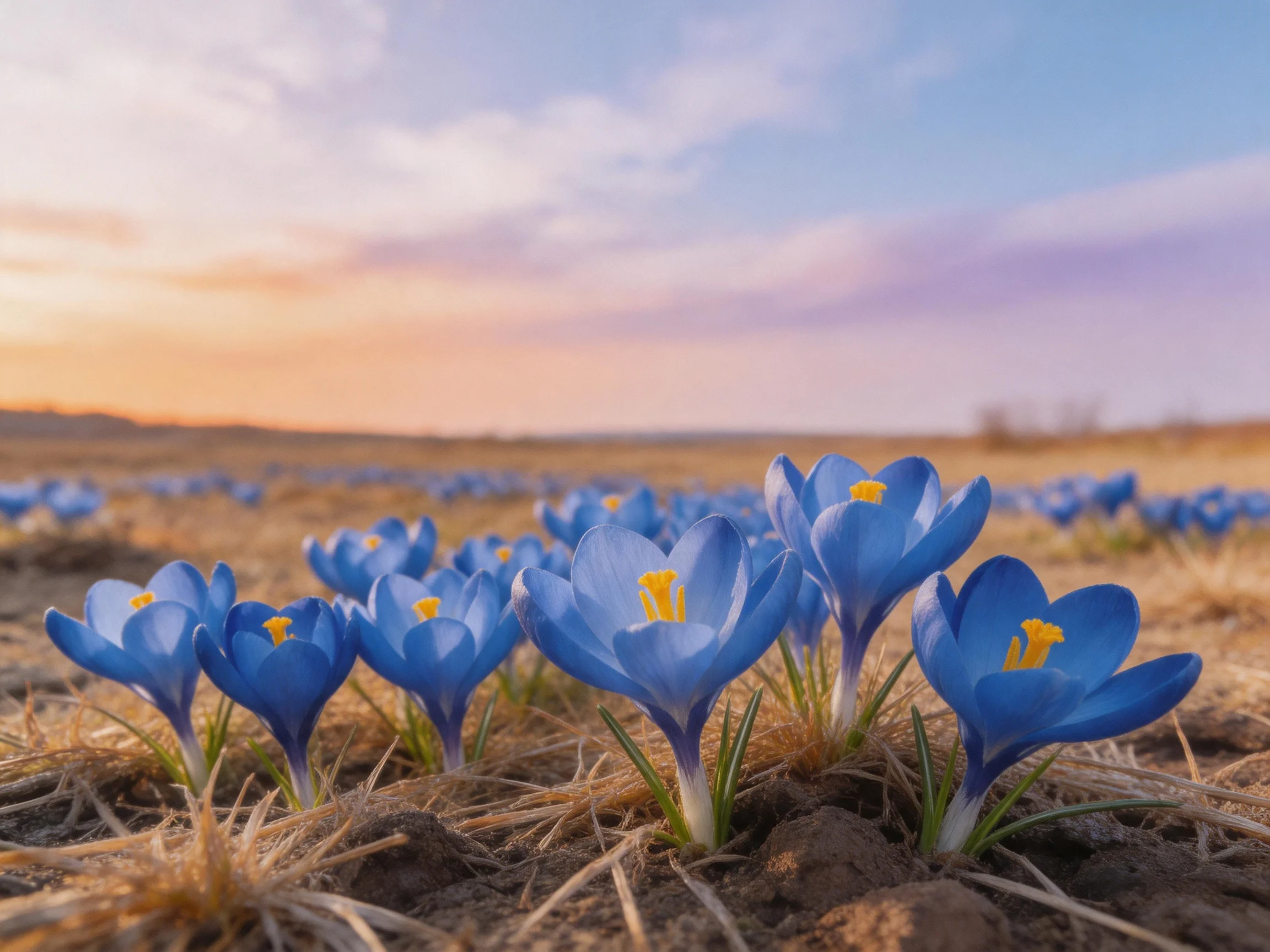Abundant blue crocus blooms in a dry field under a colorful sky