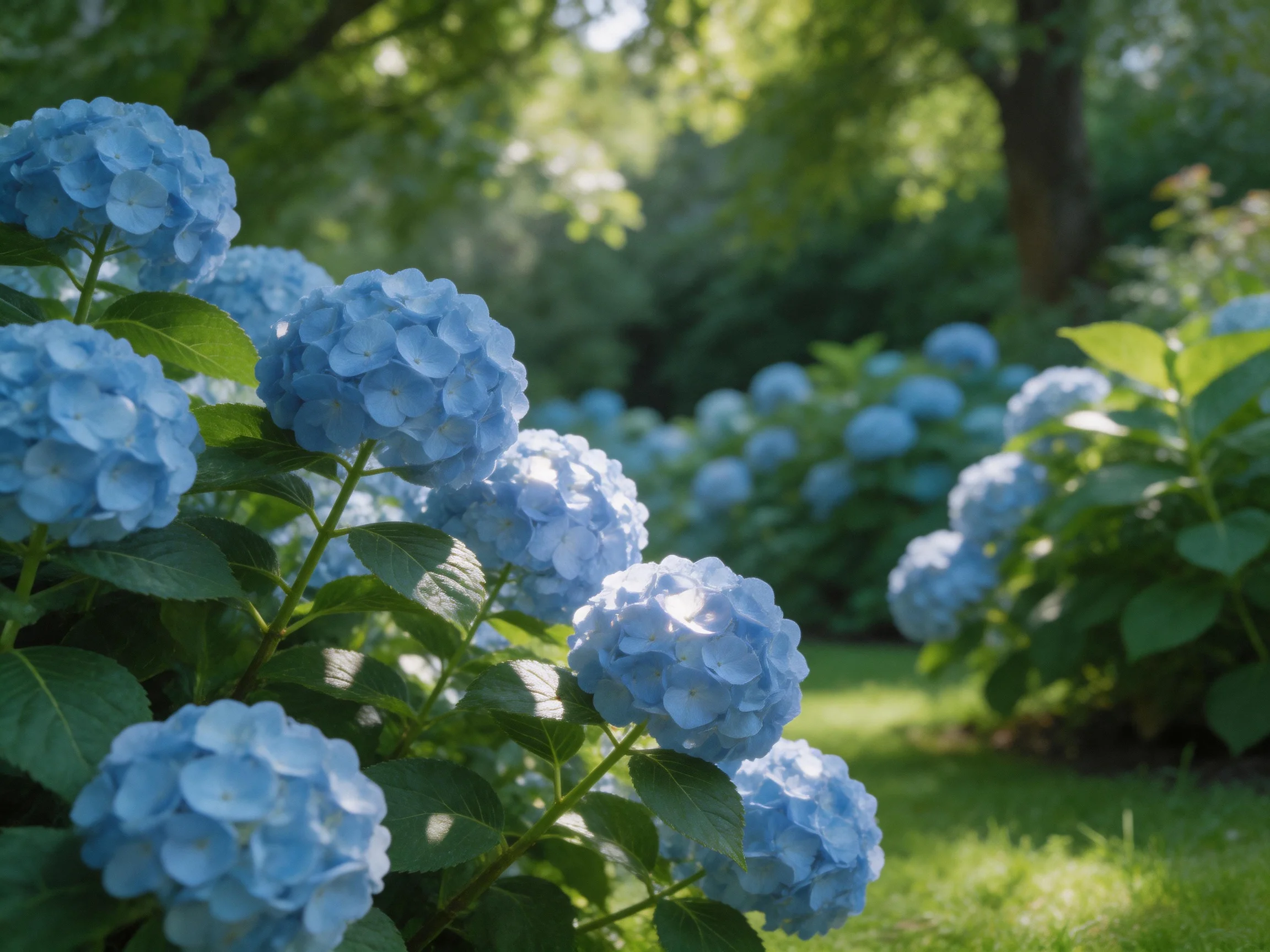 Abundant blue hydrangea clusters bloom in a sunlit garden setting.