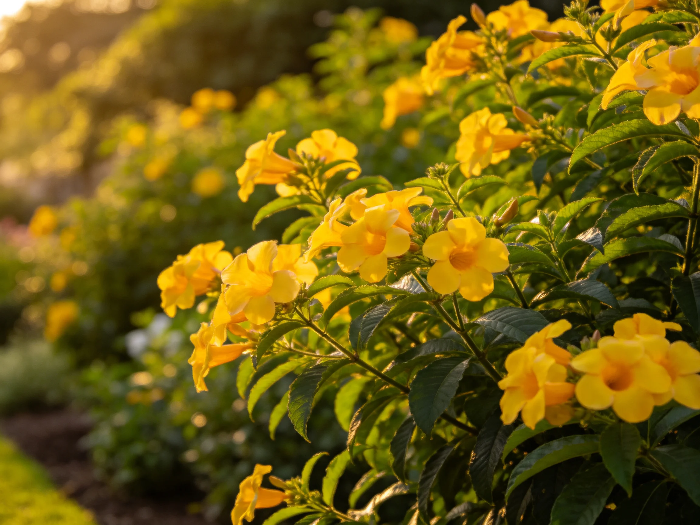 Abundant bright yellow flowers flourish among lush green foliage