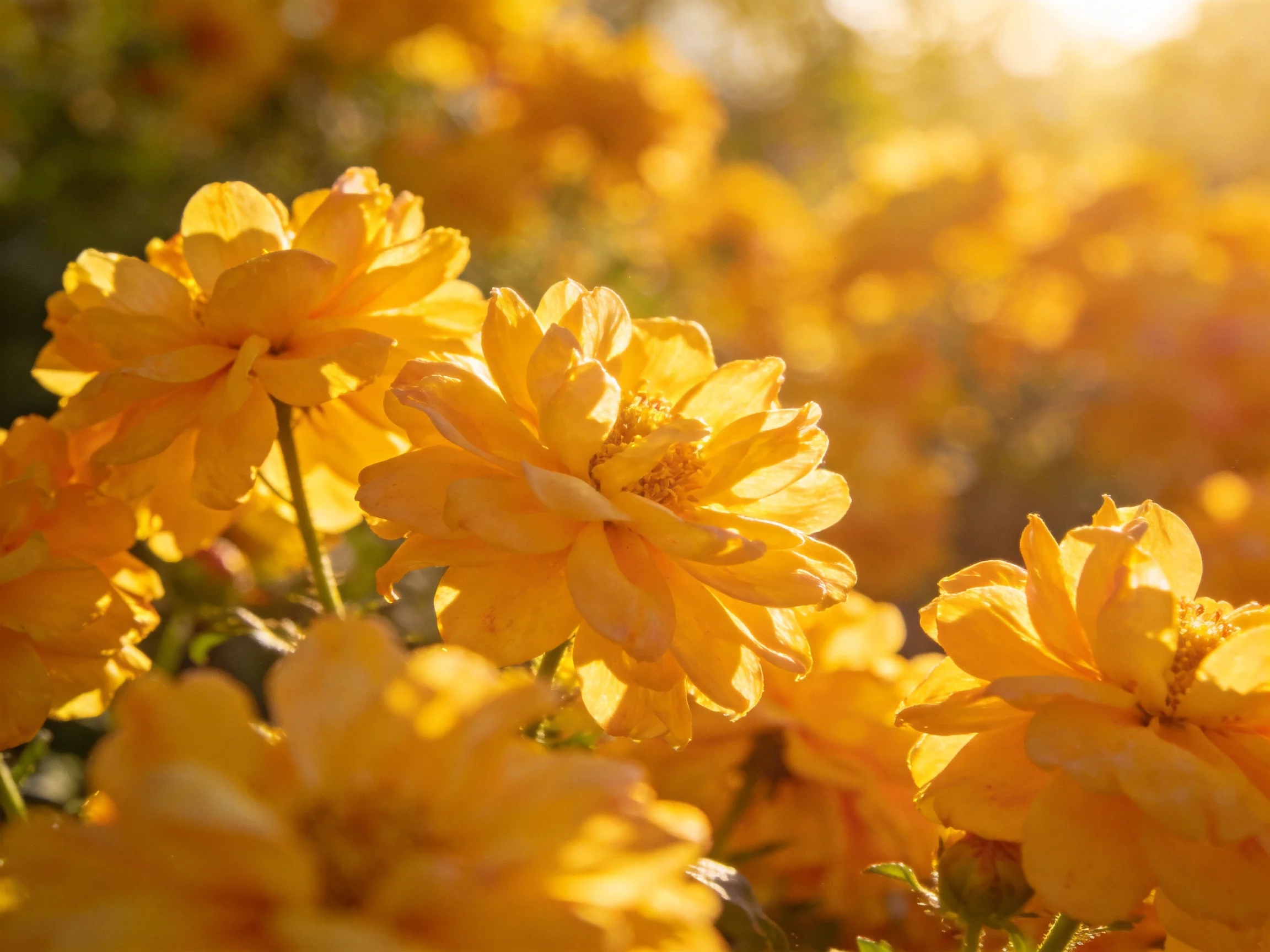 Abundant bright yellow flowers glow in warm sunlight
