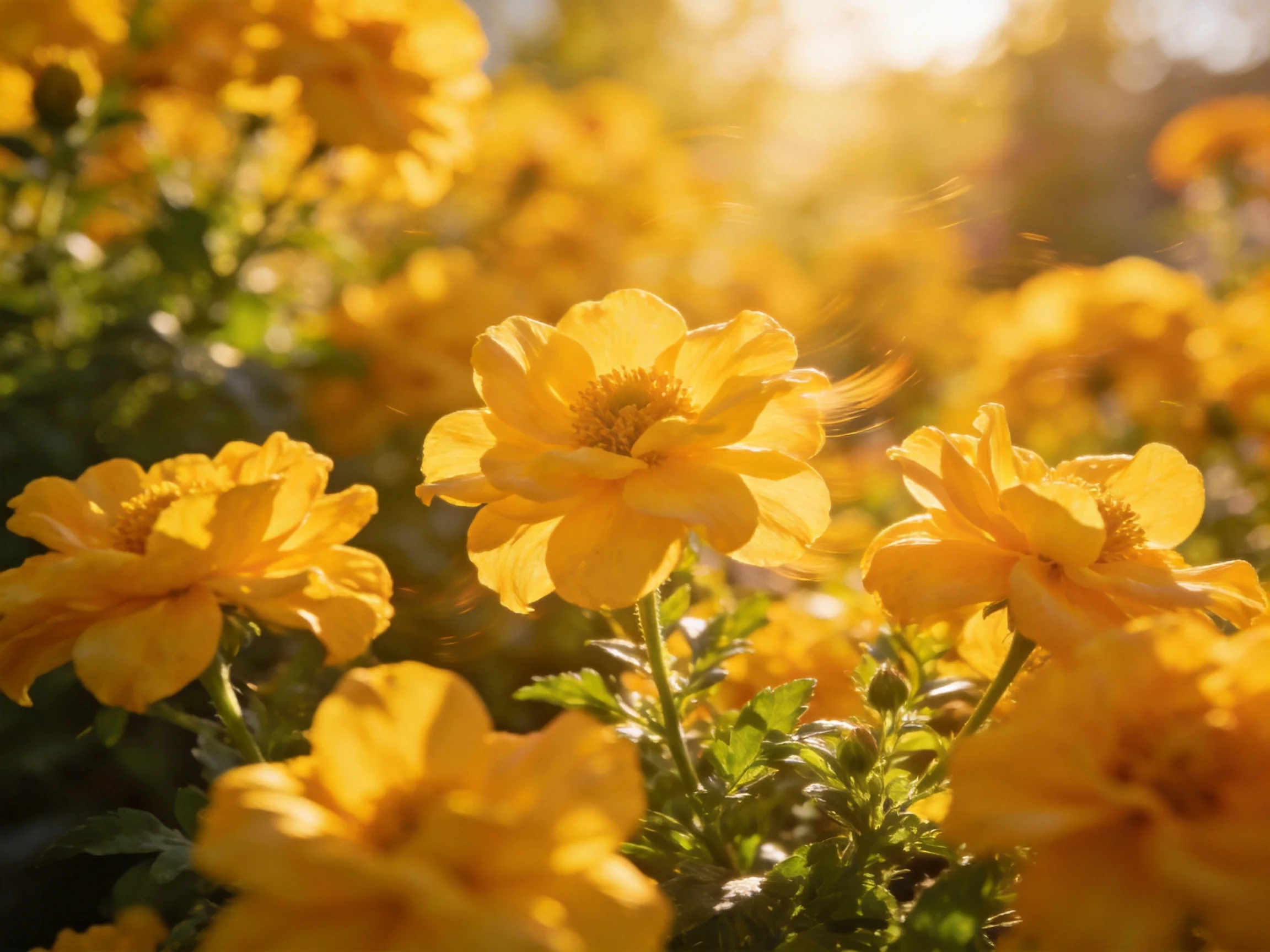 Abundant cluster of yellow flowers illuminated by sunlight