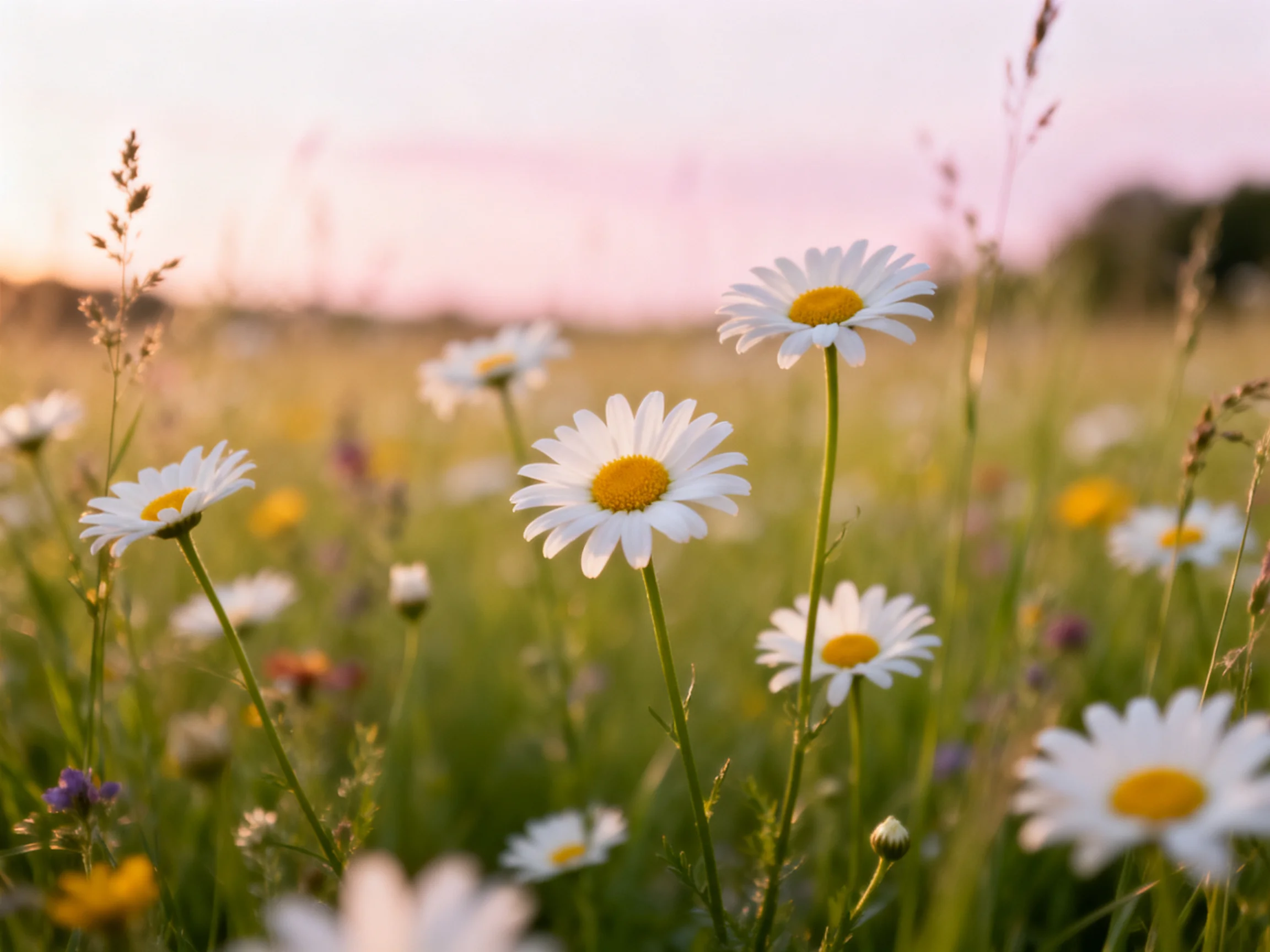 Abundant daisies bloom amid tall grasses under a pink sky