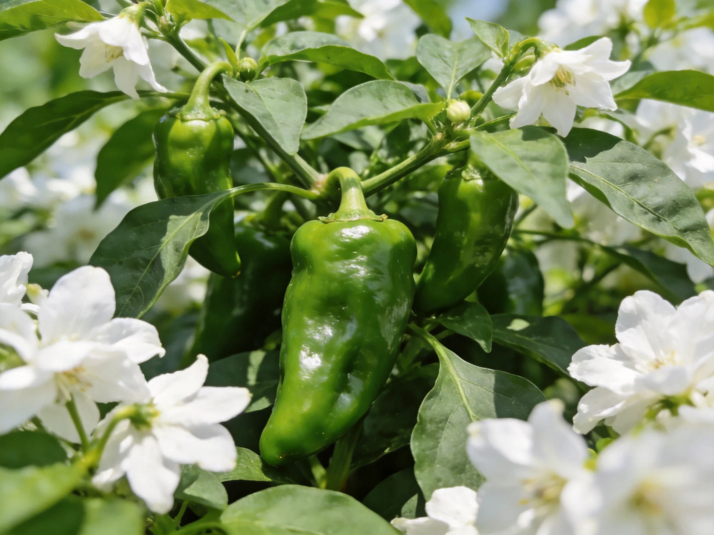 Abundant green peppers surrounded by numerous white flowers on lush foliage