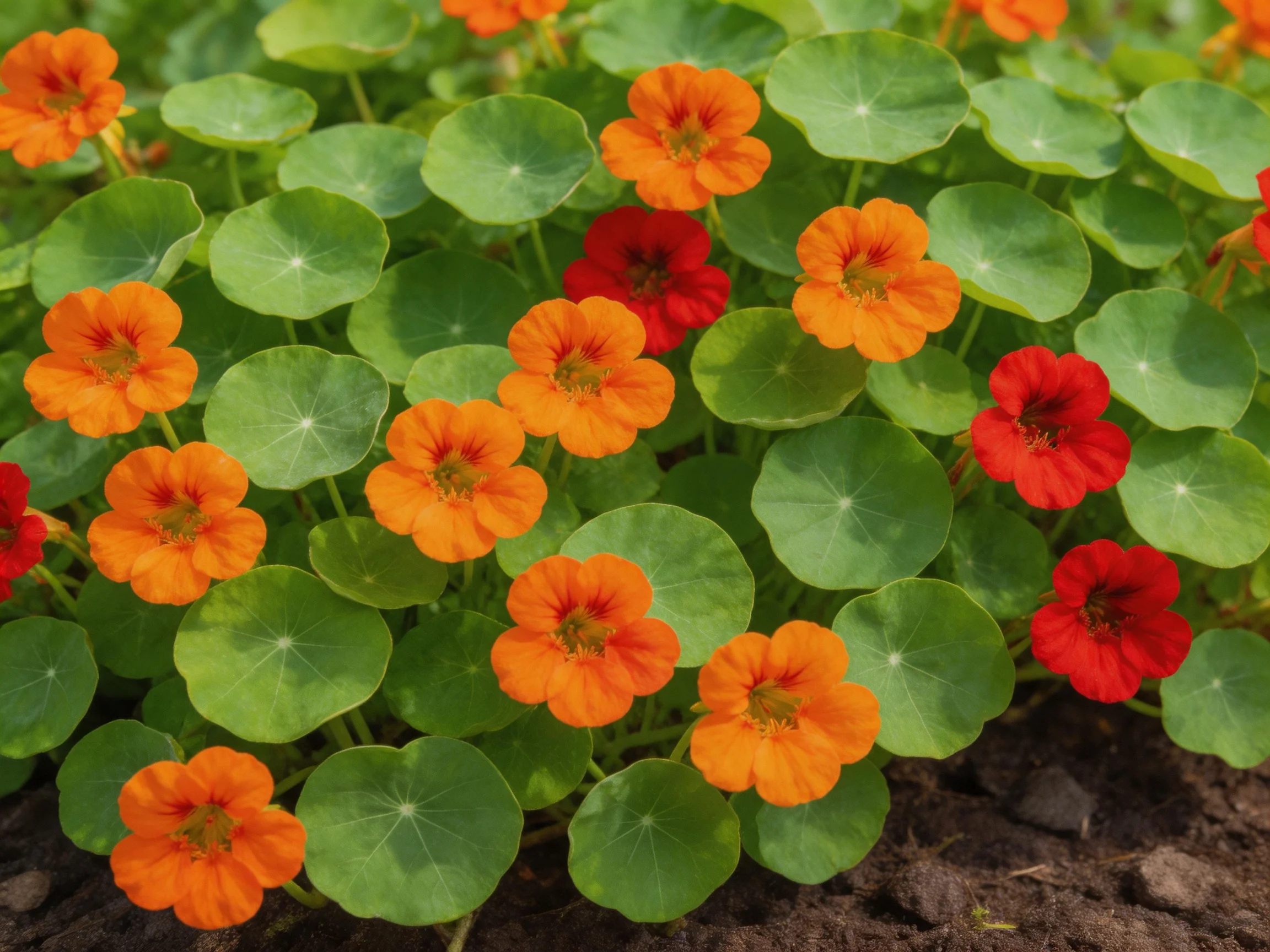 Abundant orange and red nasturtium flowers with round green leaves