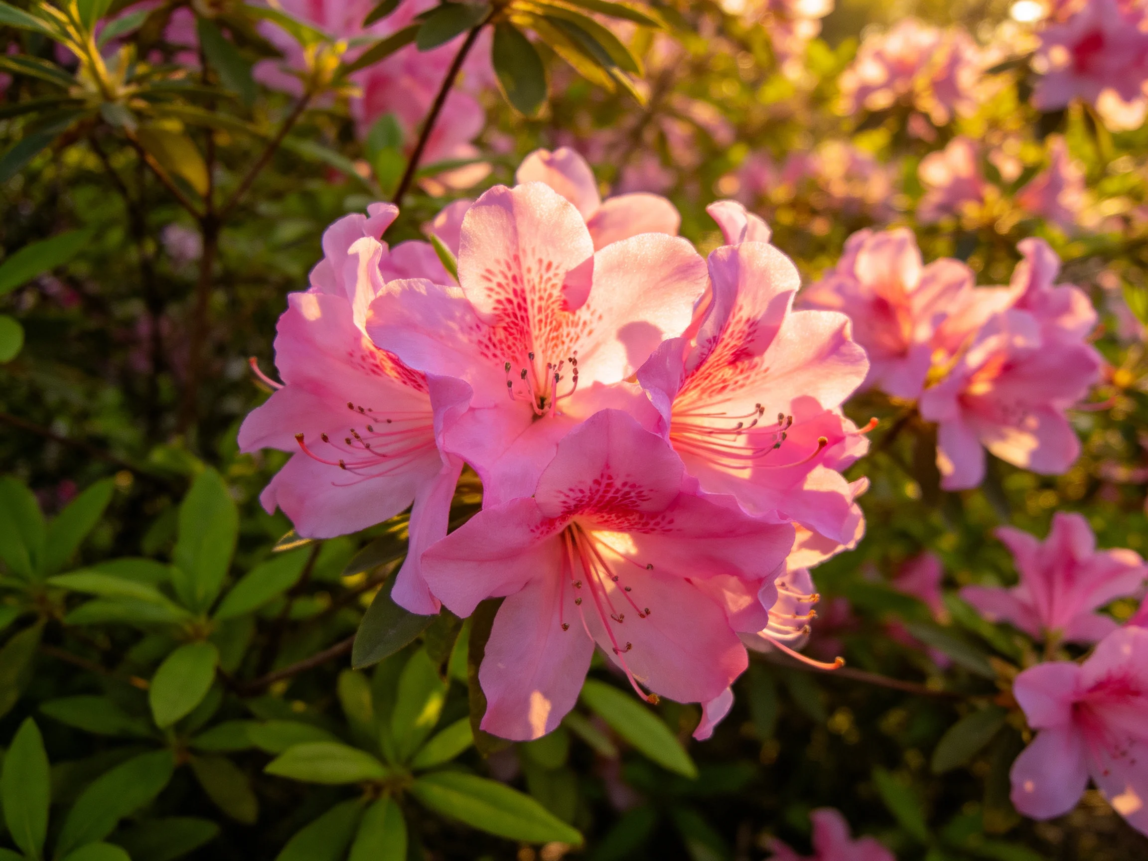 Abundant pink azalea blossoms bloom under golden sunlight